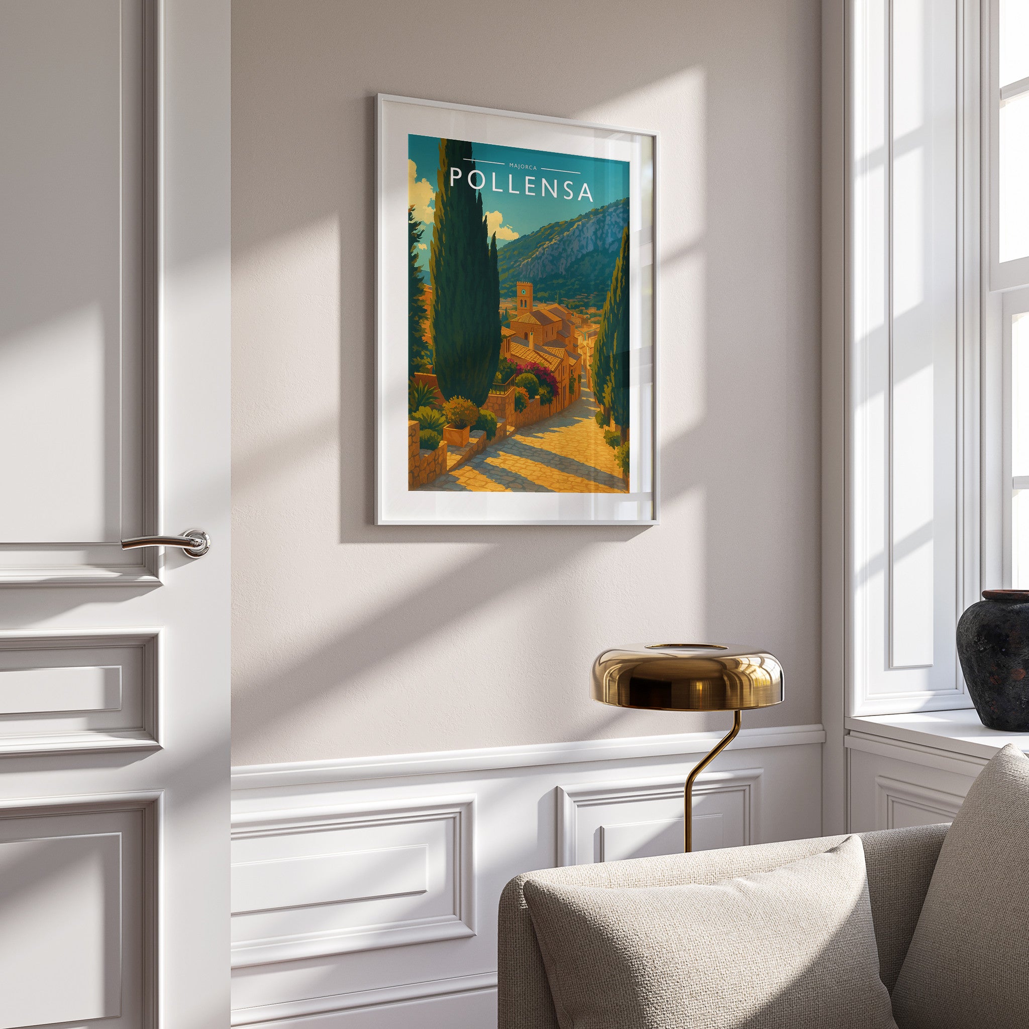 Pollensa Travel Poster in a white frame on a panelled wall