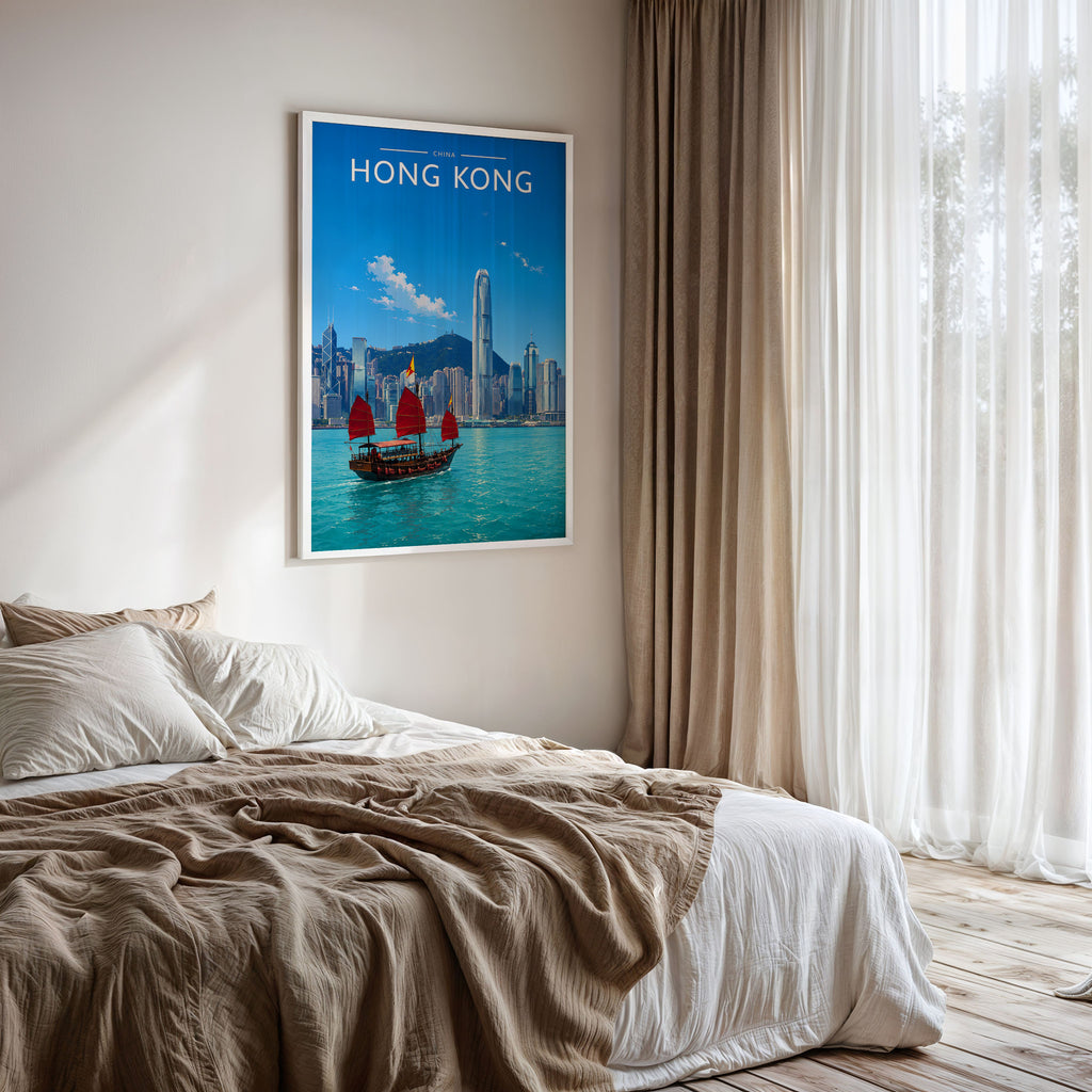 Hong Kong Travel Poster framed on a bedroom wall