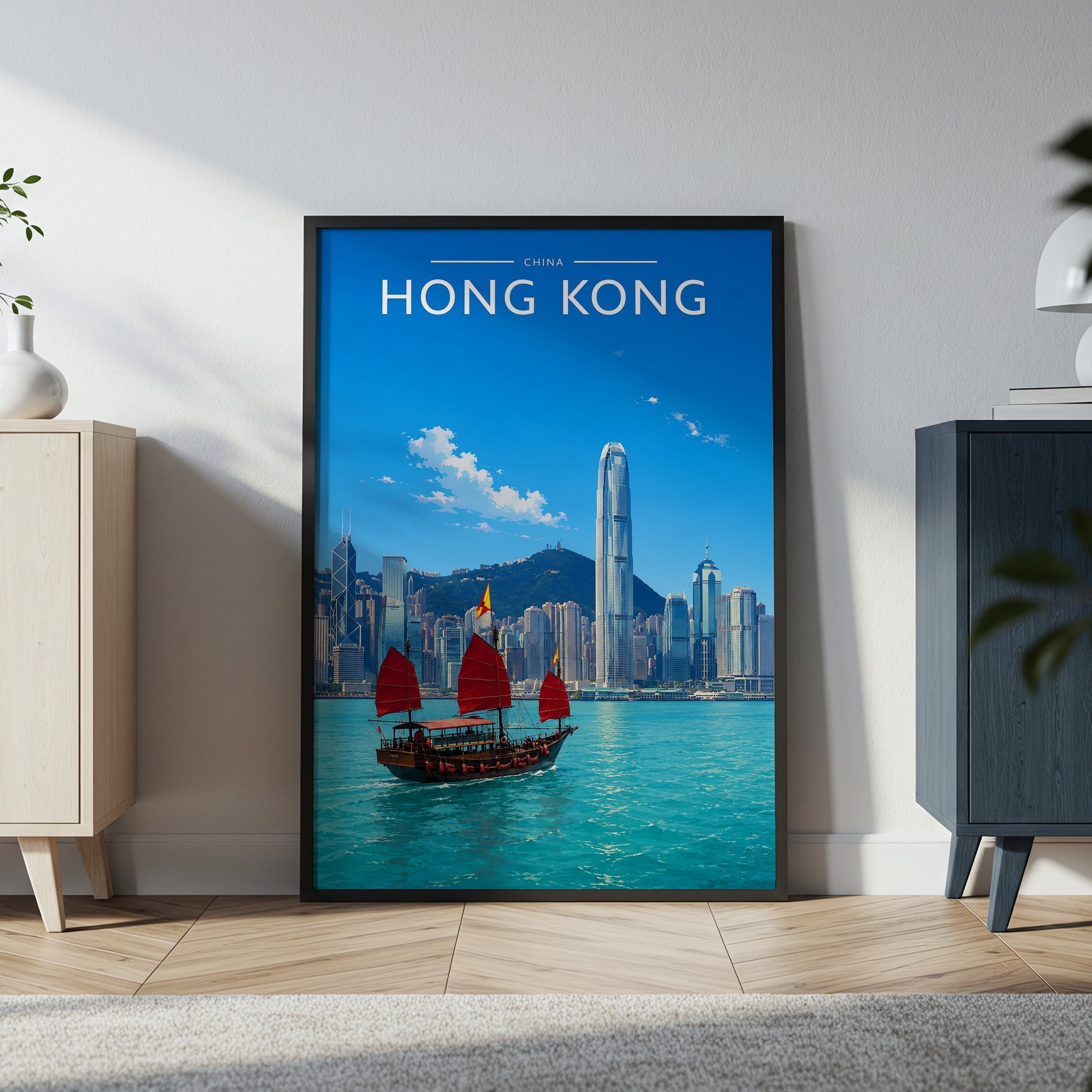 Hong Kong Travel Poster in a black frame