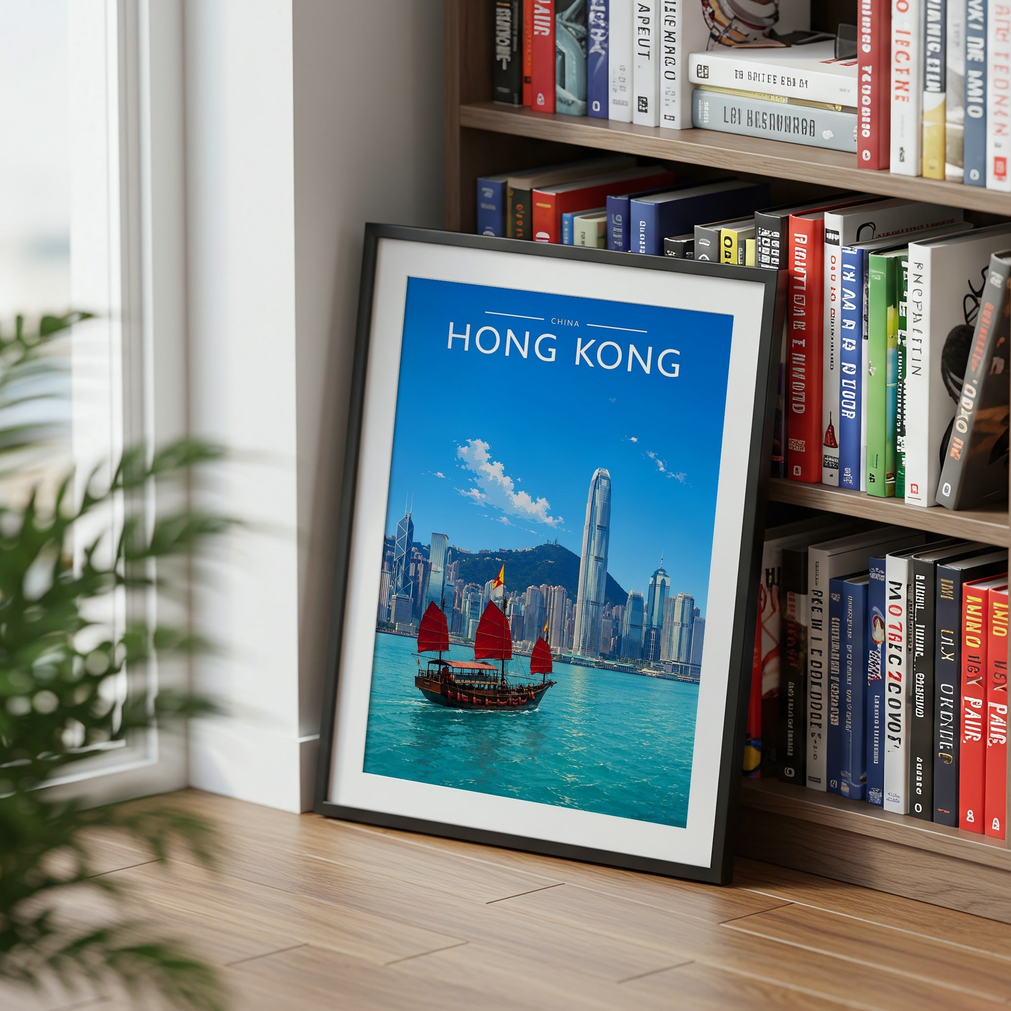 Hong Kong Travel Poster mounted in a black frame