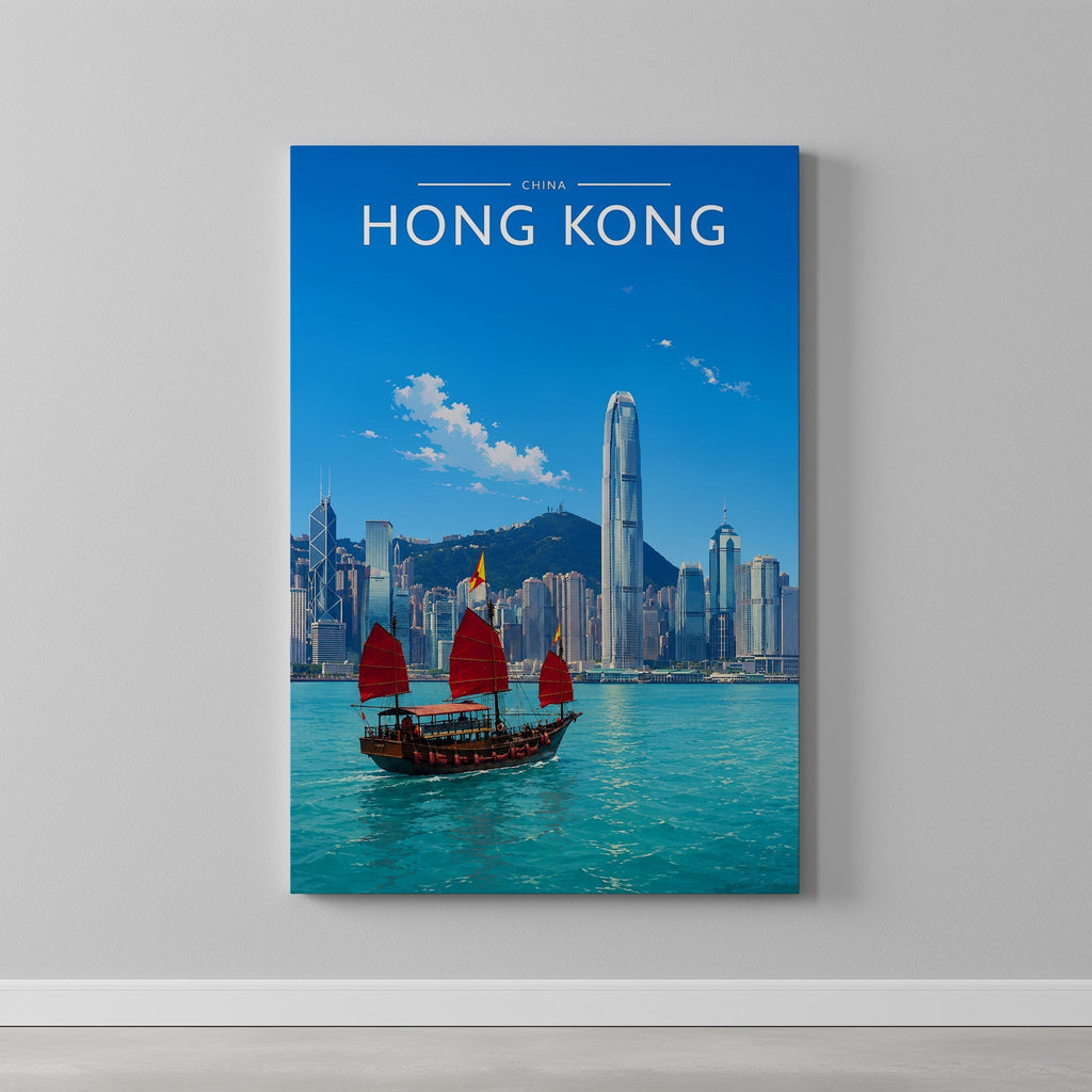 Hong Kong Travel Poster as a gallery-wrapped canvas on a plain wall