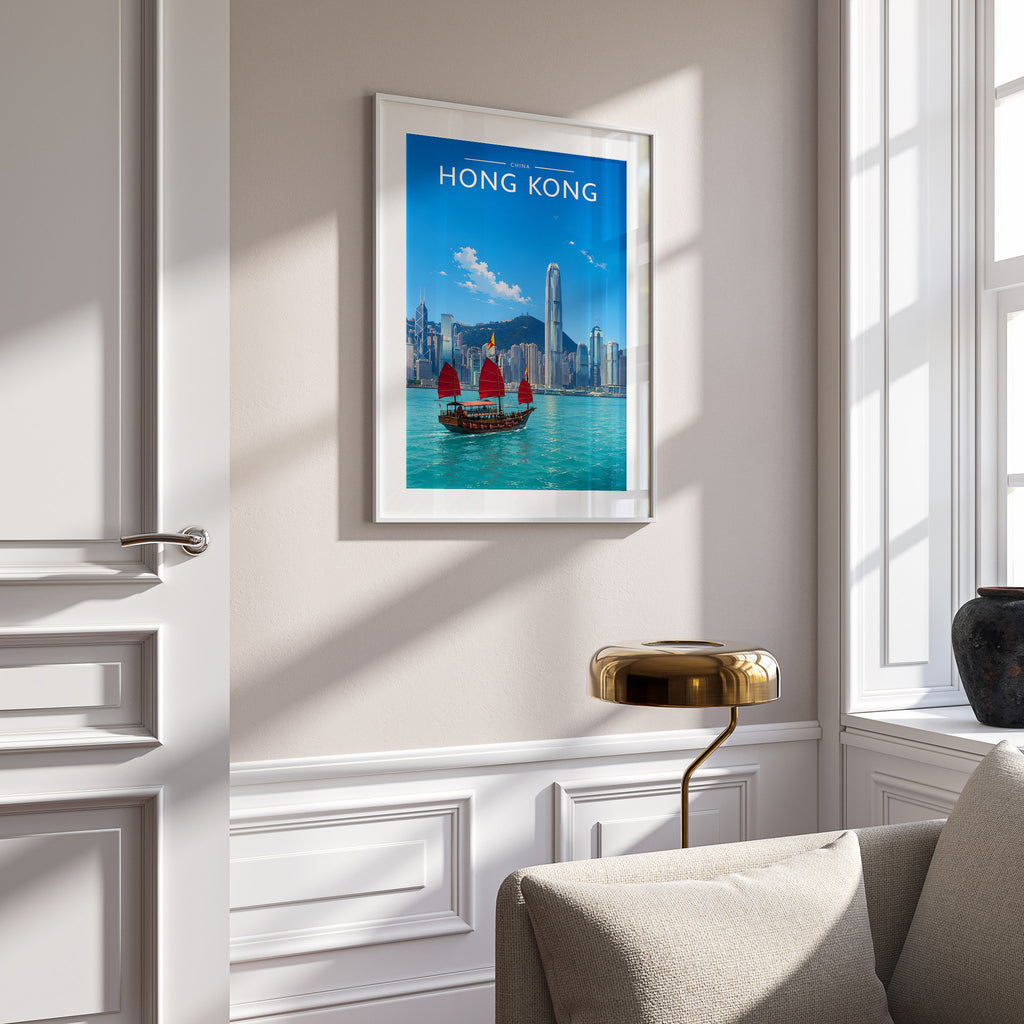 Hong Kong Travel Poster in a white frame on a panelled wall