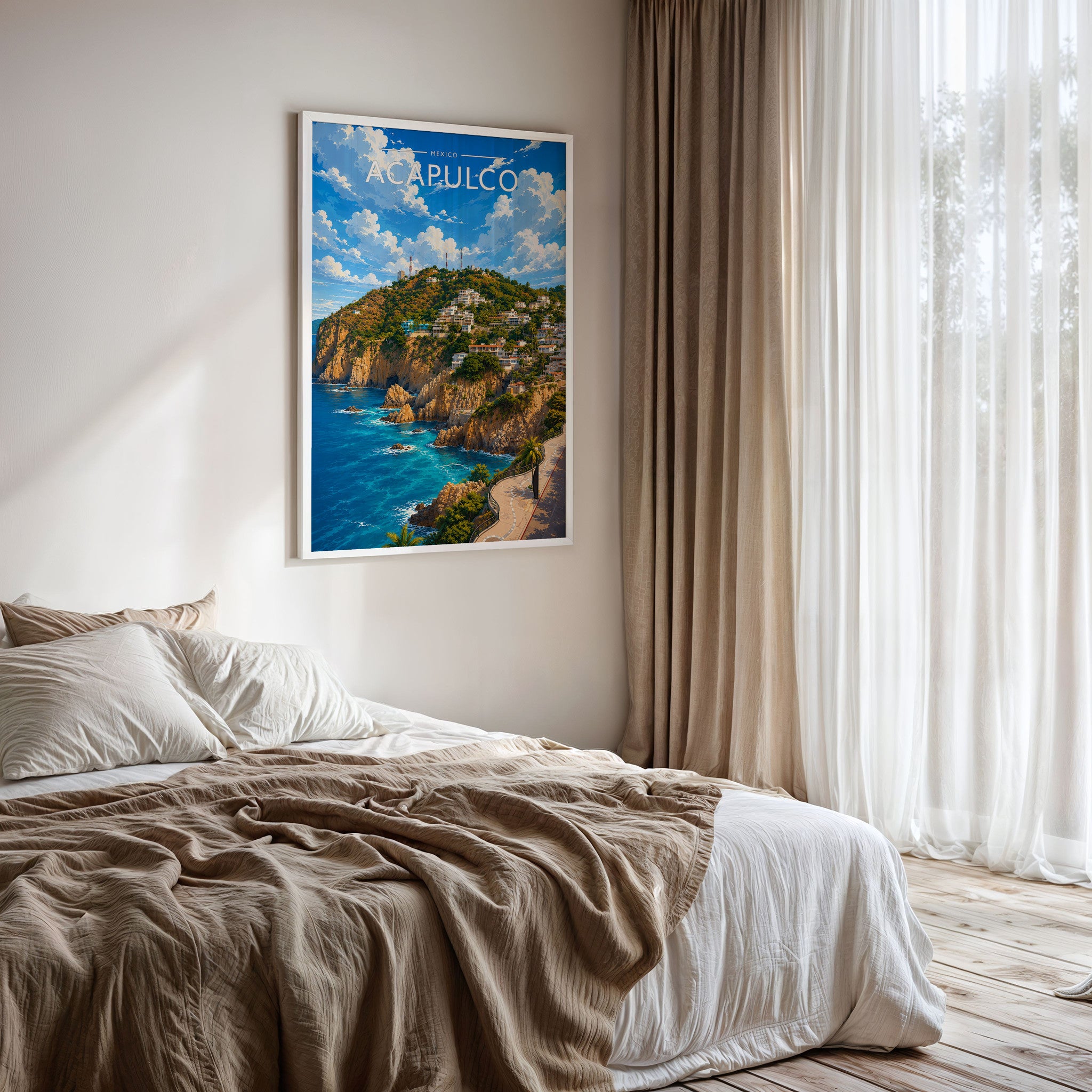Acapulco Travel Poster framed on a bedroom wall