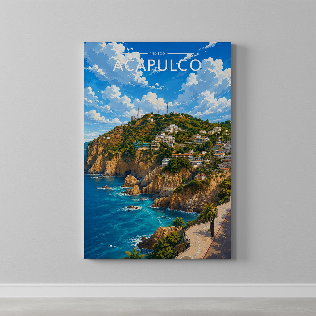 Acapulco Travel Poster as a gallery-wrapped canvas on a plain wall