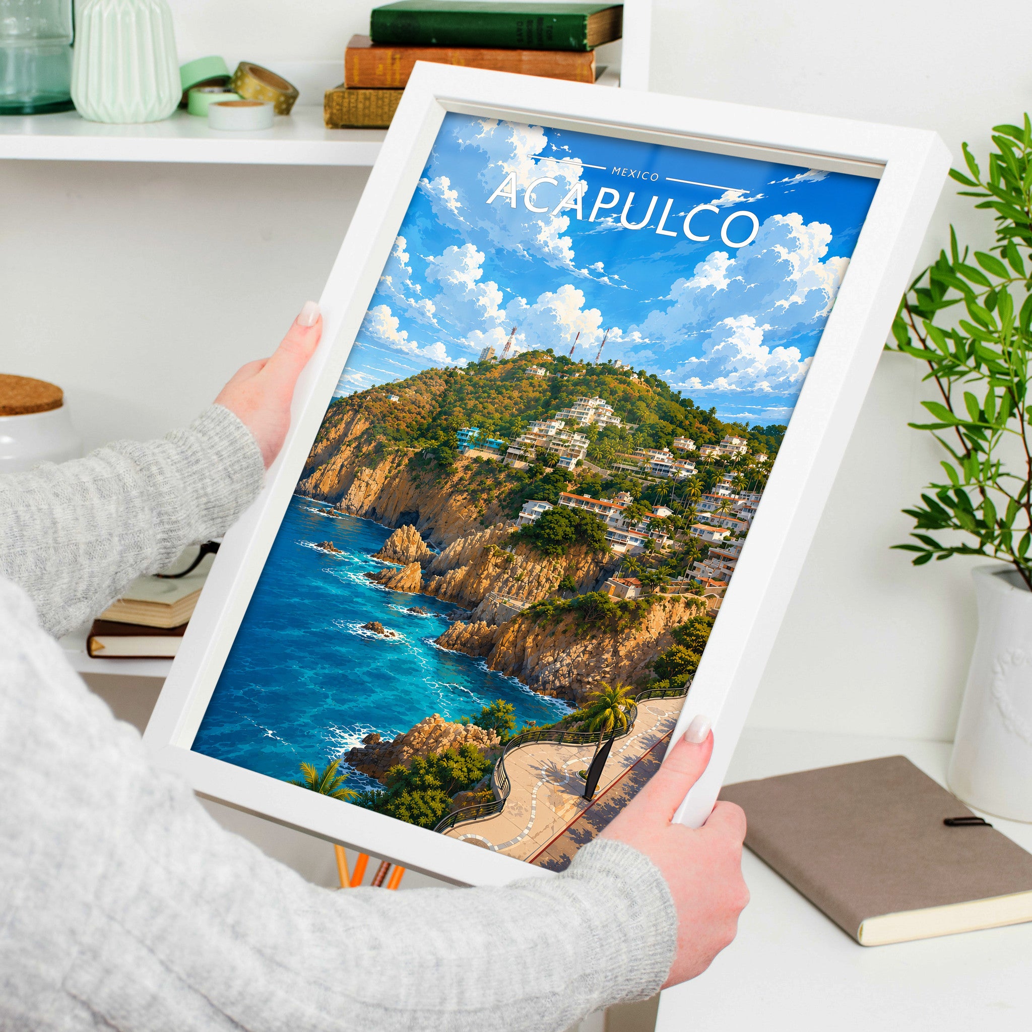 Acapulco Travel Poster in a white frame, held to show scale