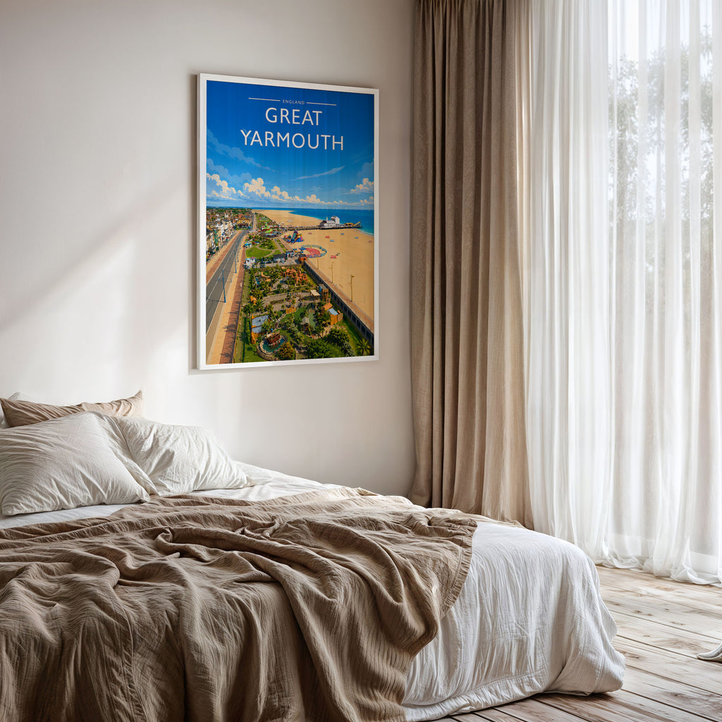 Great Yarmouth #2 Travel Poster framed on a bedroom wall