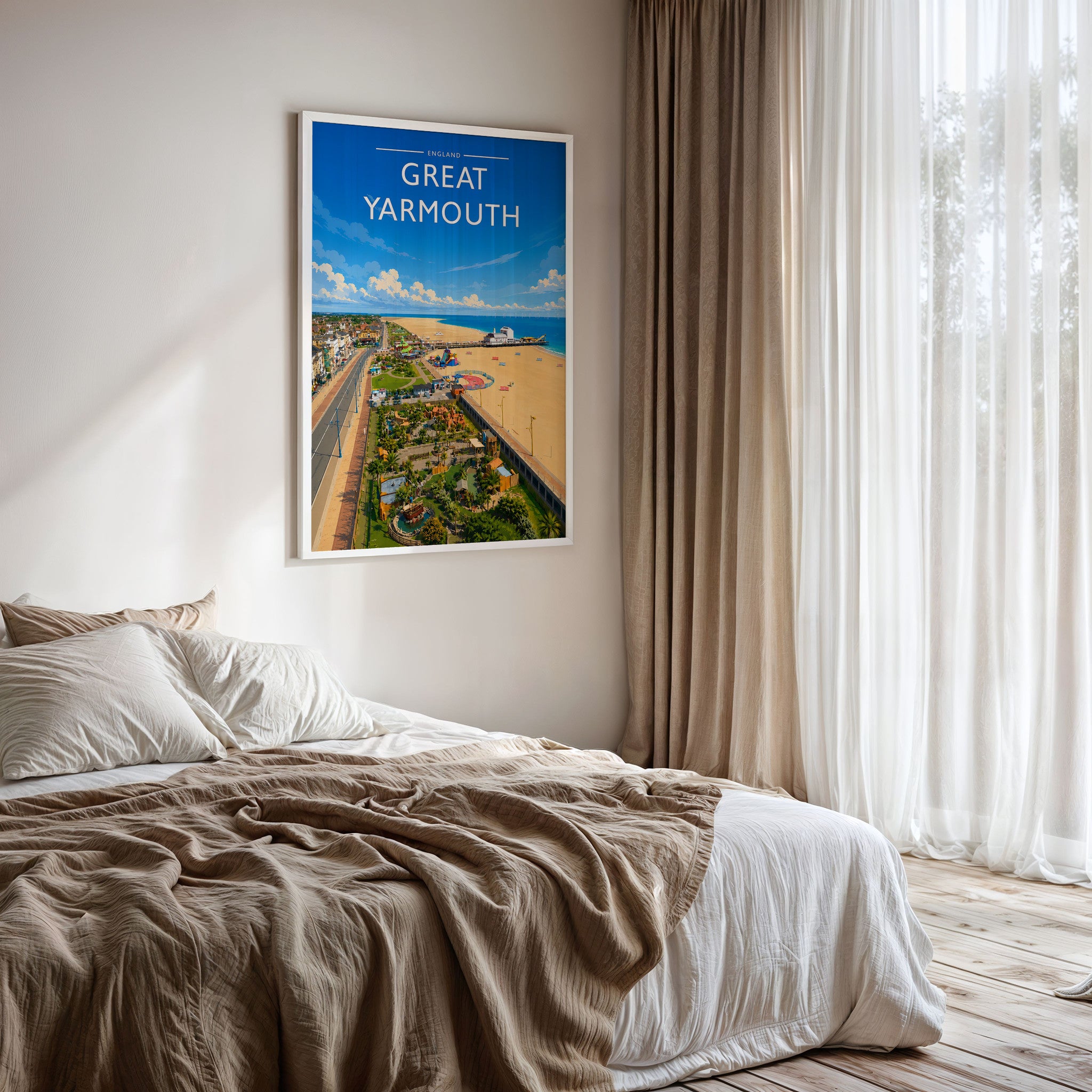 Great Yarmouth #2 Travel Poster framed on a bedroom wall
