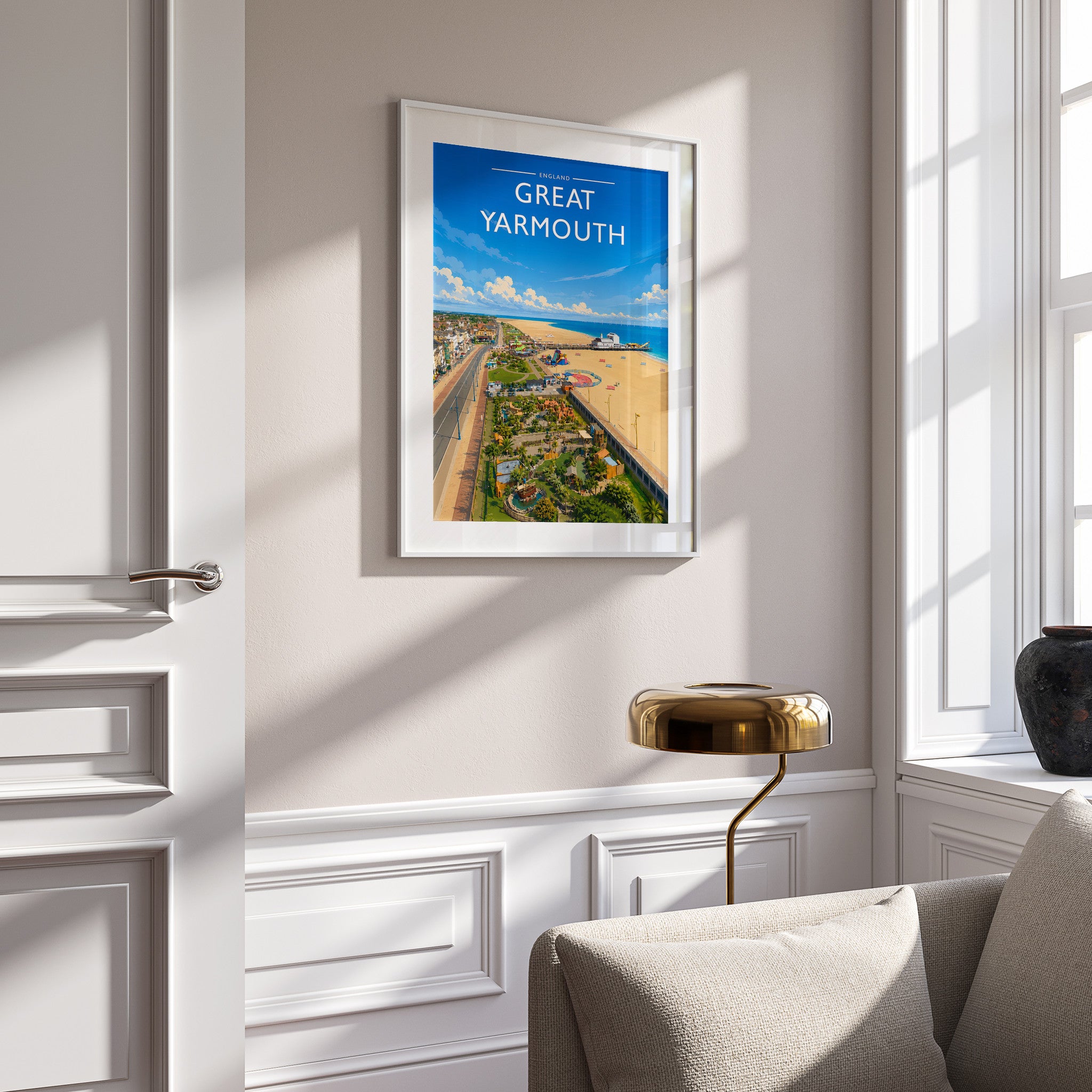 Great Yarmouth #2 Travel Poster in a white frame on a panelled wall