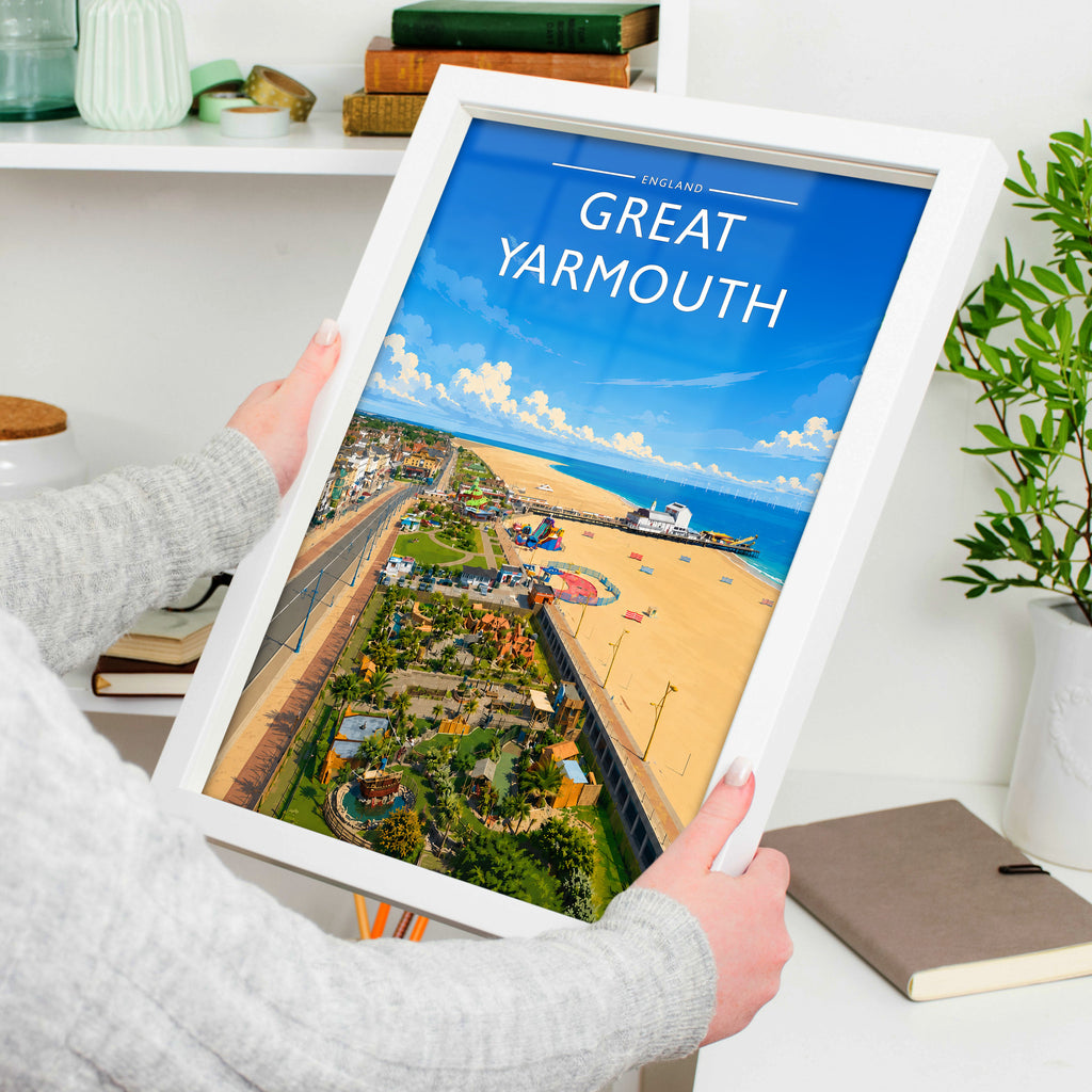 Great Yarmouth #2 Travel Poster in a white frame, held to show scale