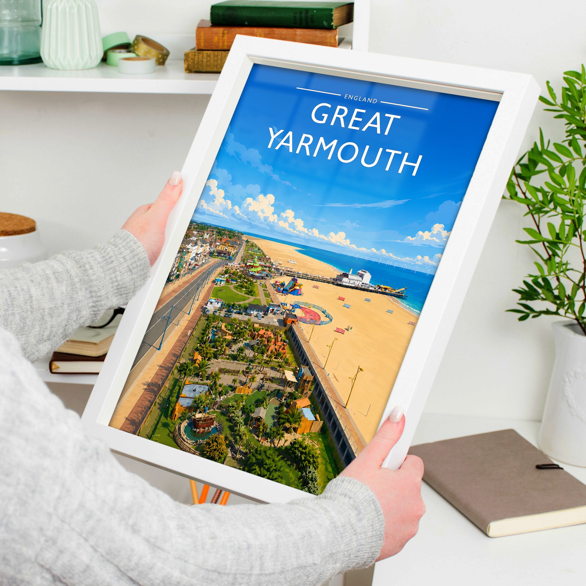 Great Yarmouth #2 Travel Poster in a white frame, held to show scale
