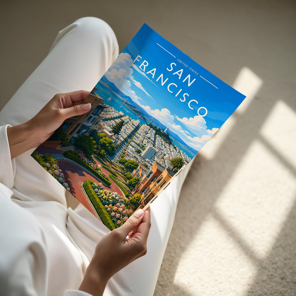 San Francisco Travel Poster - A4 print held in hand
