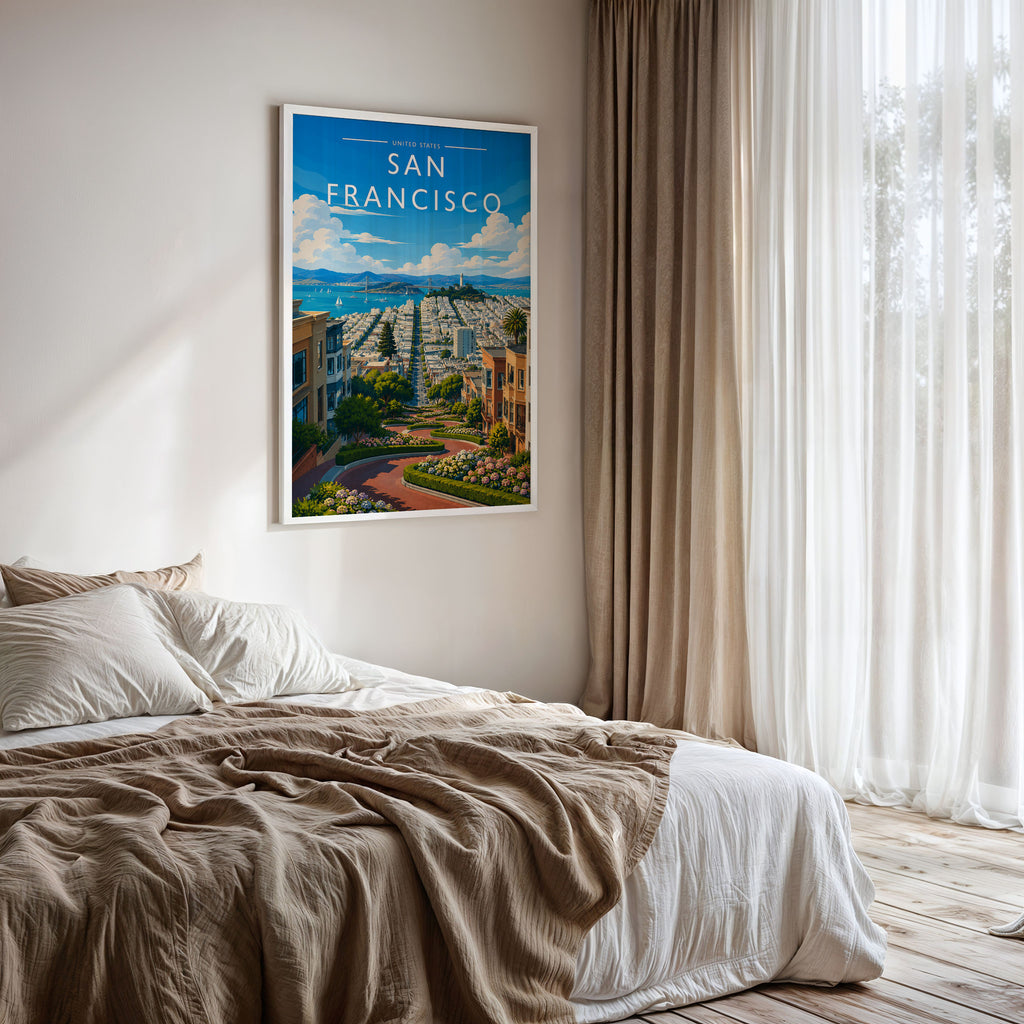 San Francisco Travel Poster framed on a bedroom wall