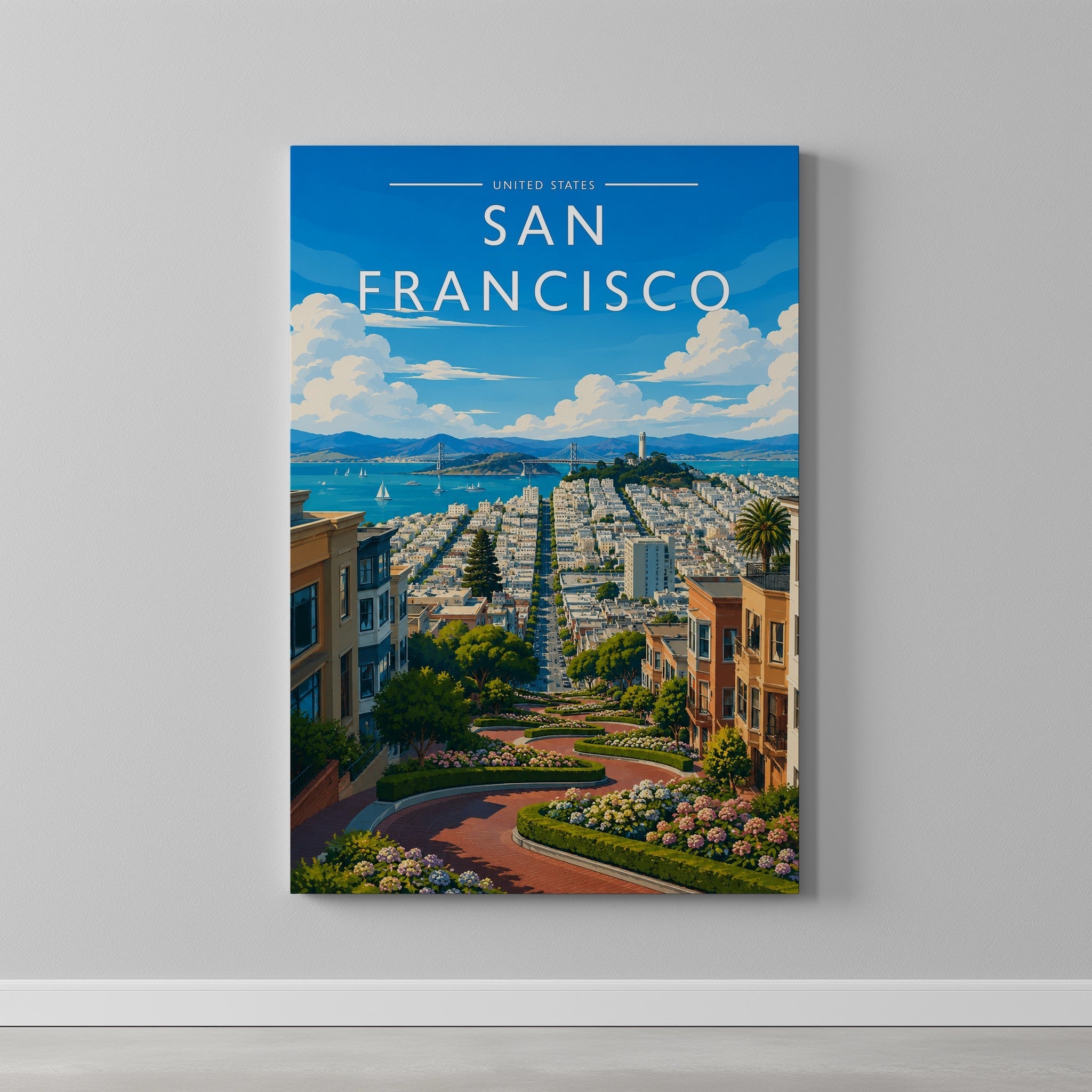 San Francisco Travel Poster as a gallery-wrapped canvas on a plain wall