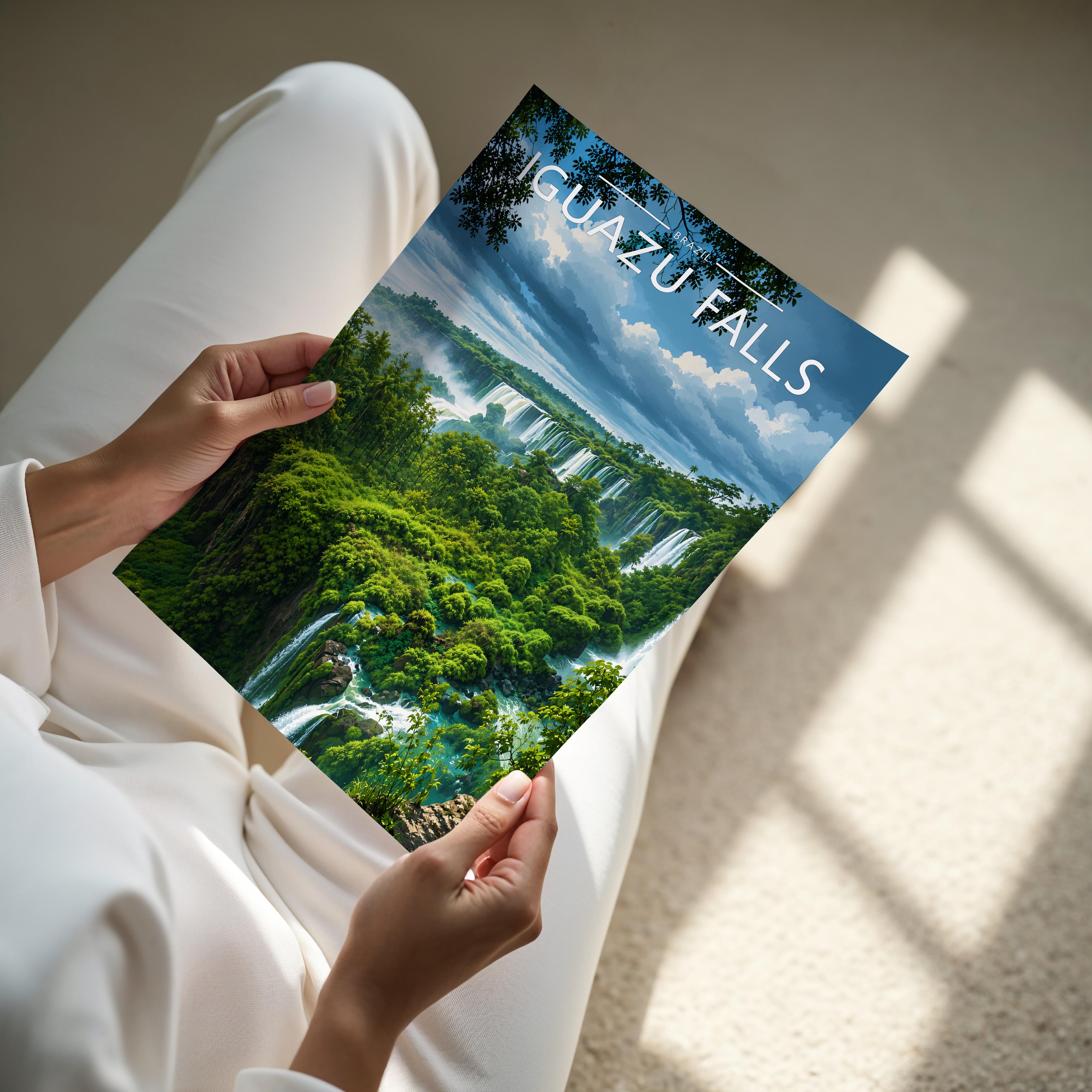 Iguazu Falls Travel Poster - A4 print held in hand