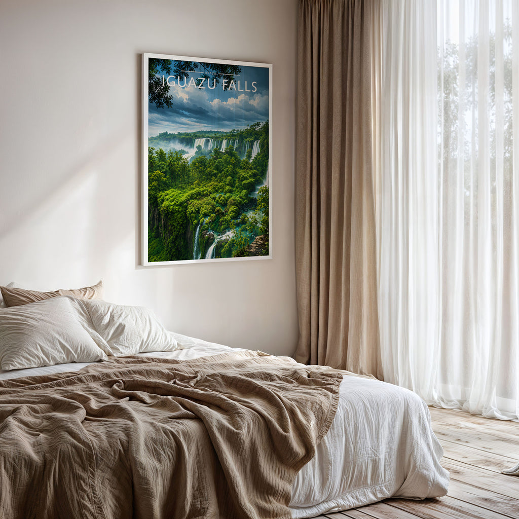 Iguazu Falls Travel Poster framed on a bedroom wall