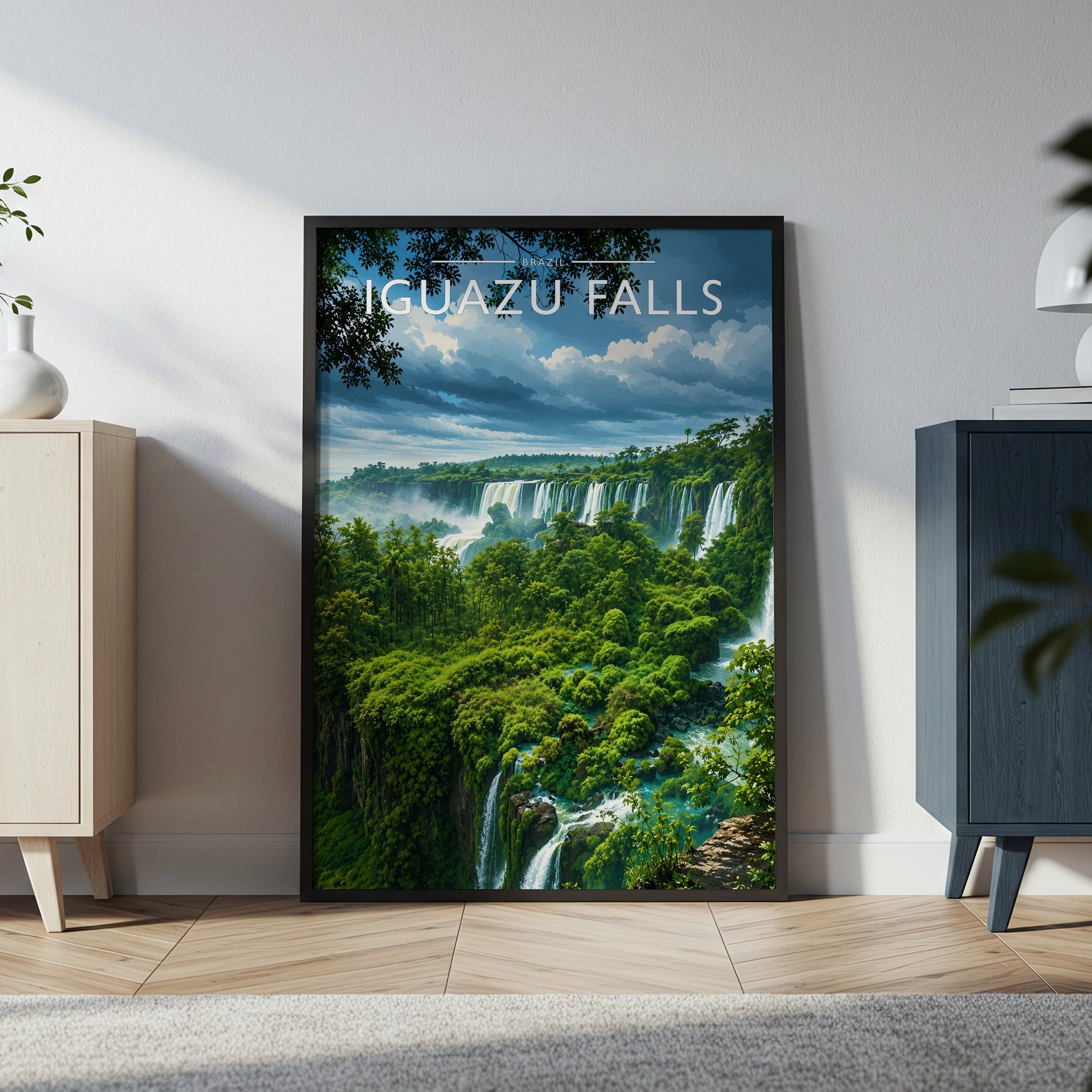 Iguazu Falls Travel Poster in a black frame