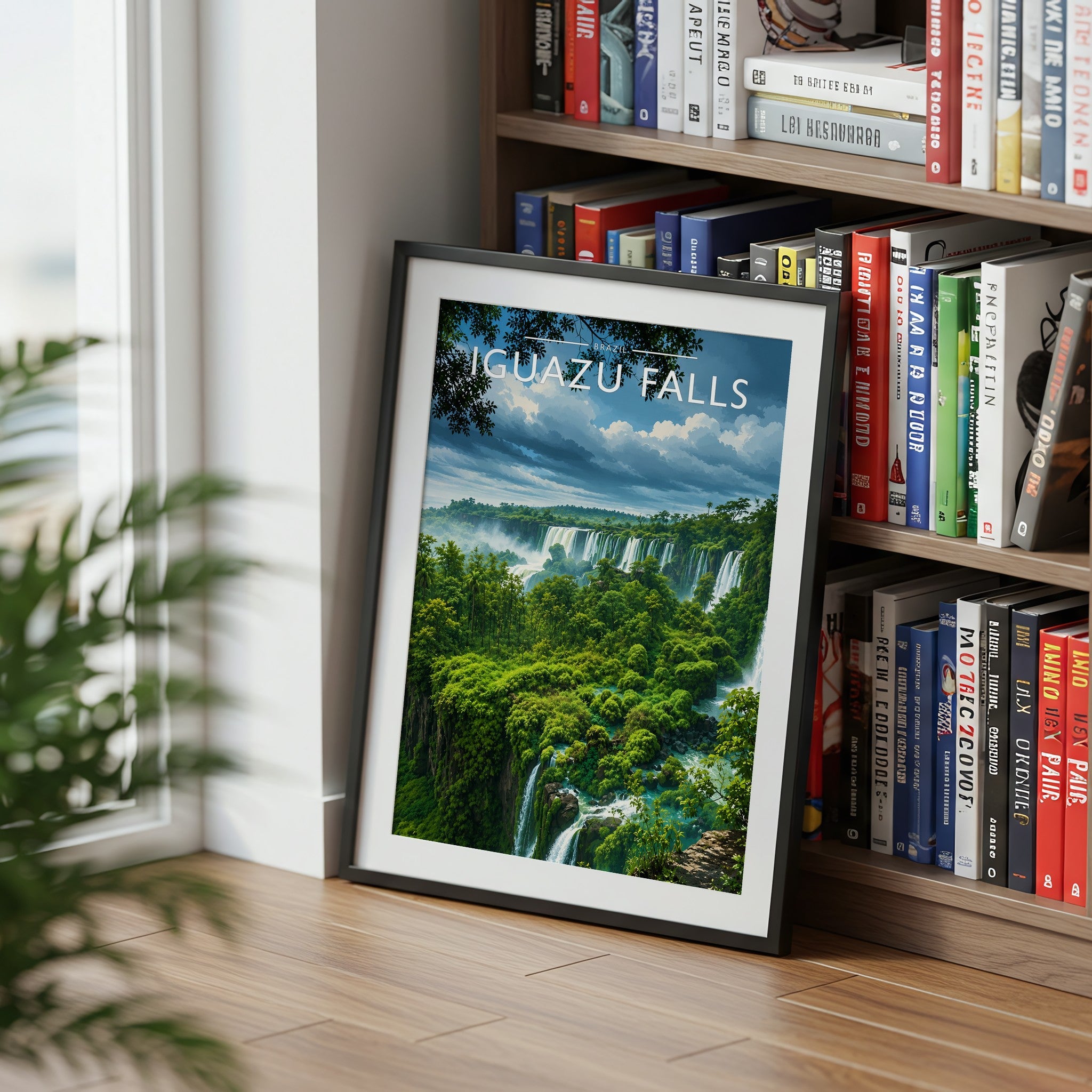Iguazu Falls Travel Poster mounted in a black frame