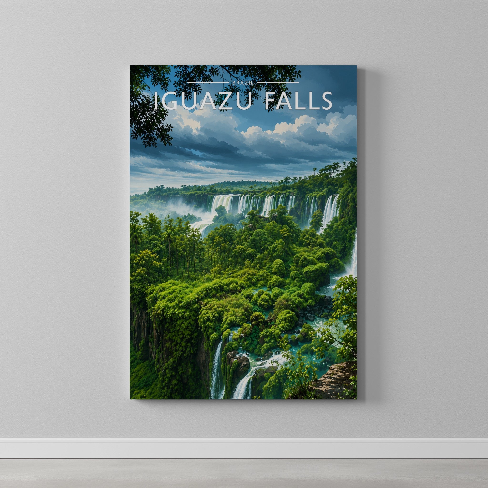 Iguazu Falls Travel Poster as a gallery-wrapped canvas on a plain wall