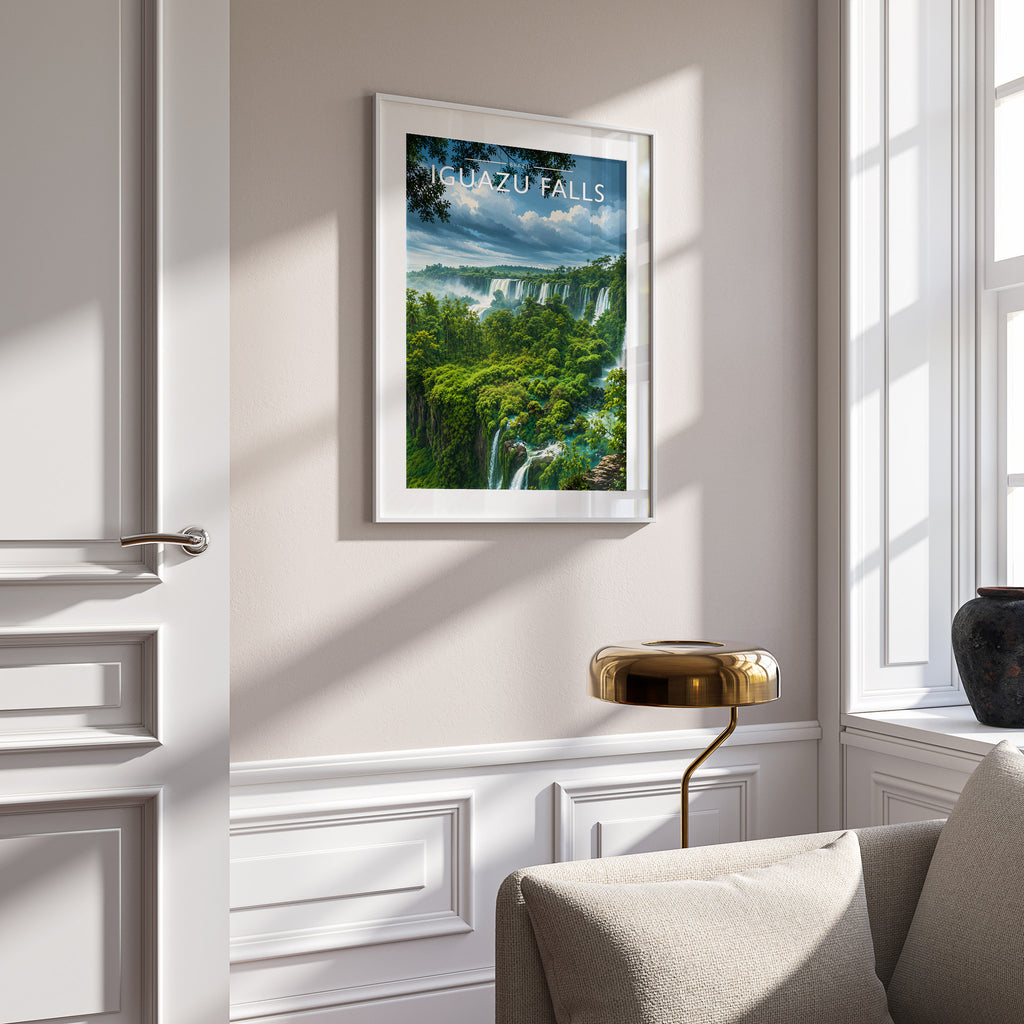 Iguazu Falls Travel Poster in a white frame on a panelled wall