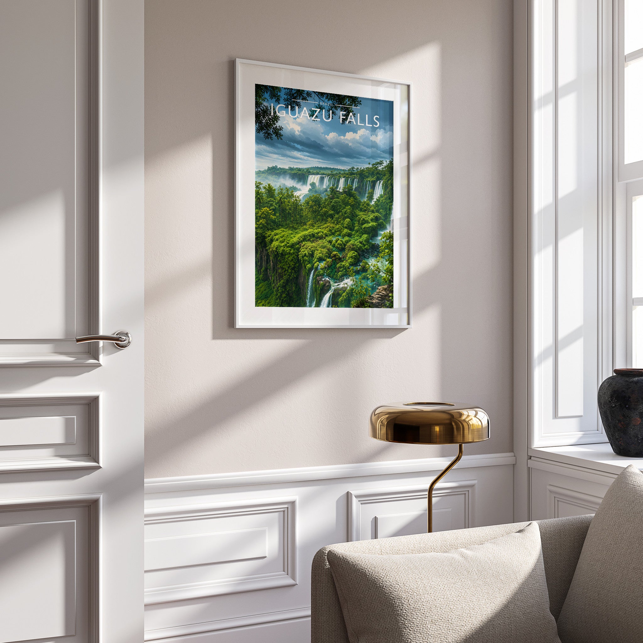 Iguazu Falls Travel Poster in a white frame on a panelled wall