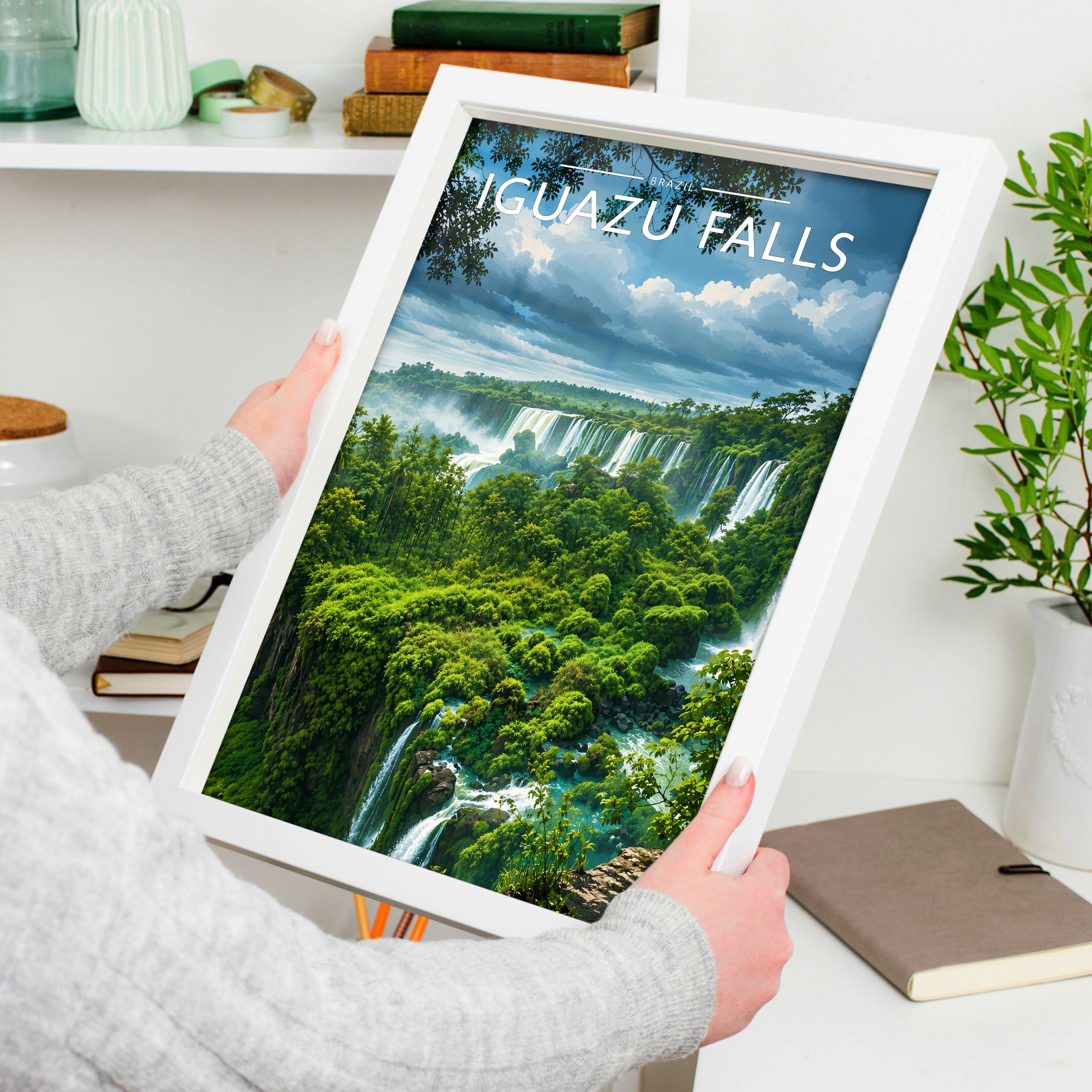 Iguazu Falls Travel Poster held in a white frame