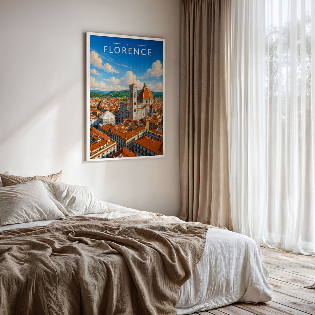 Florence #2 Travel Poster framed on a bedroom wall