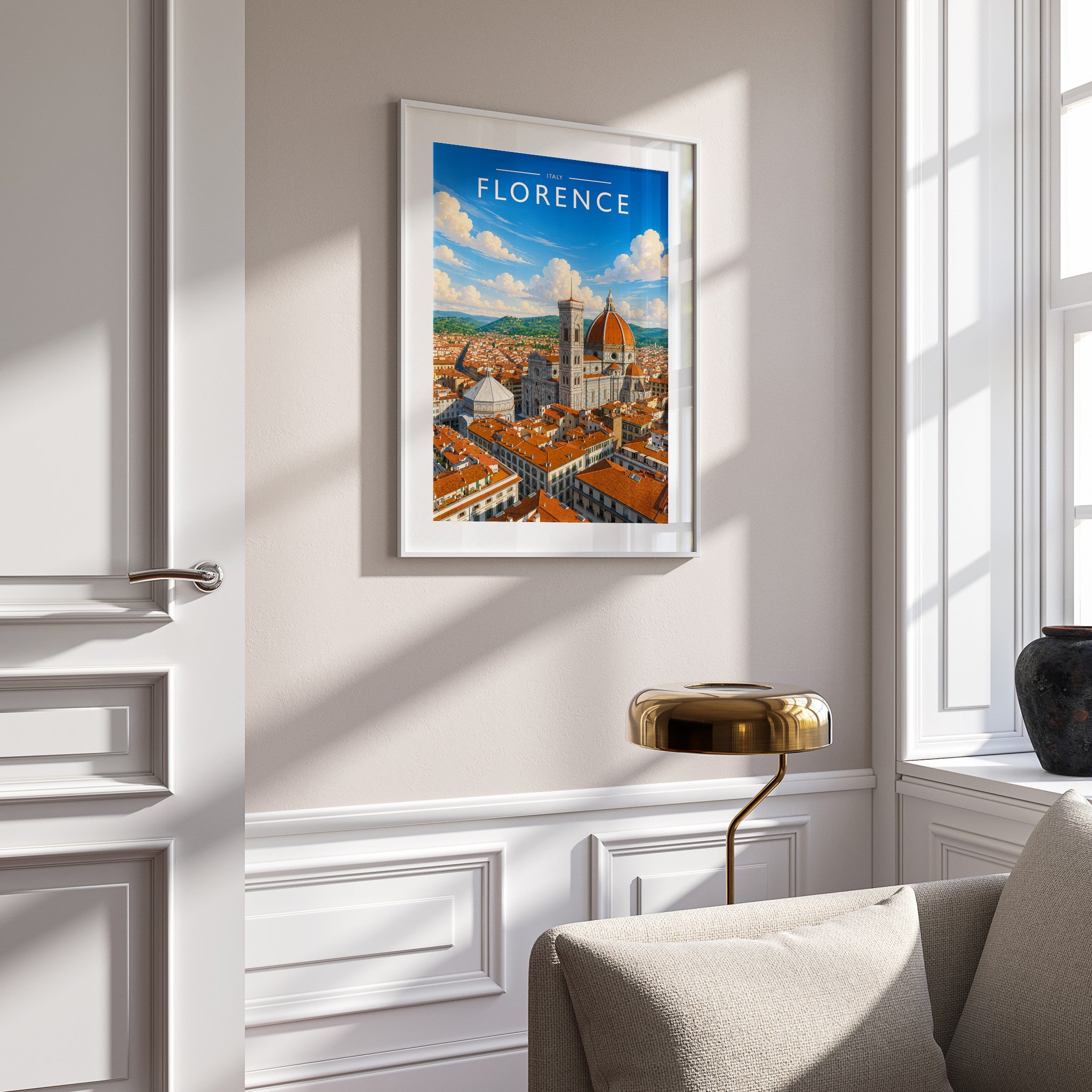 Florence #2 Travel Poster in a white frame on a panelled wall