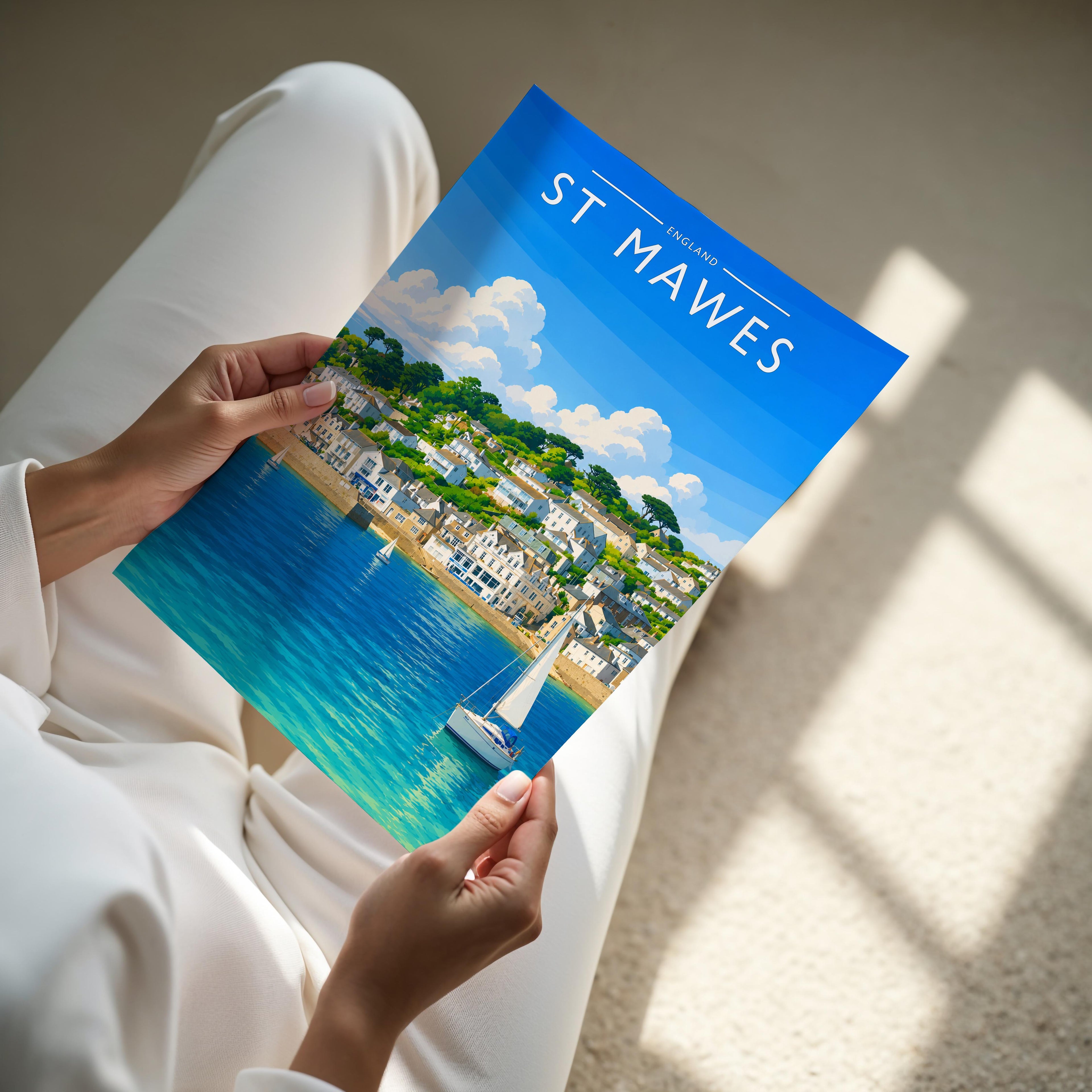 St Mawes Travel Poster - A4 print held in hand