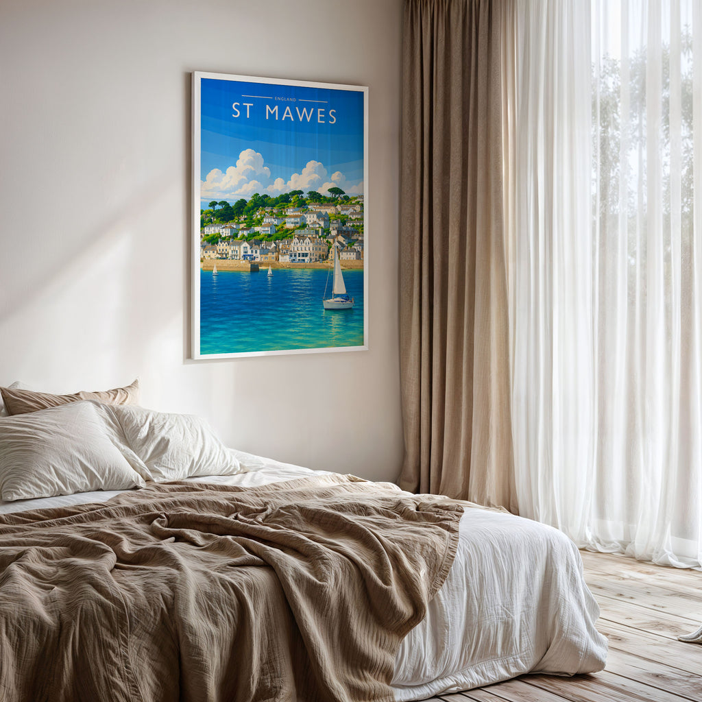 St Mawes Travel Poster framed on a bedroom wall
