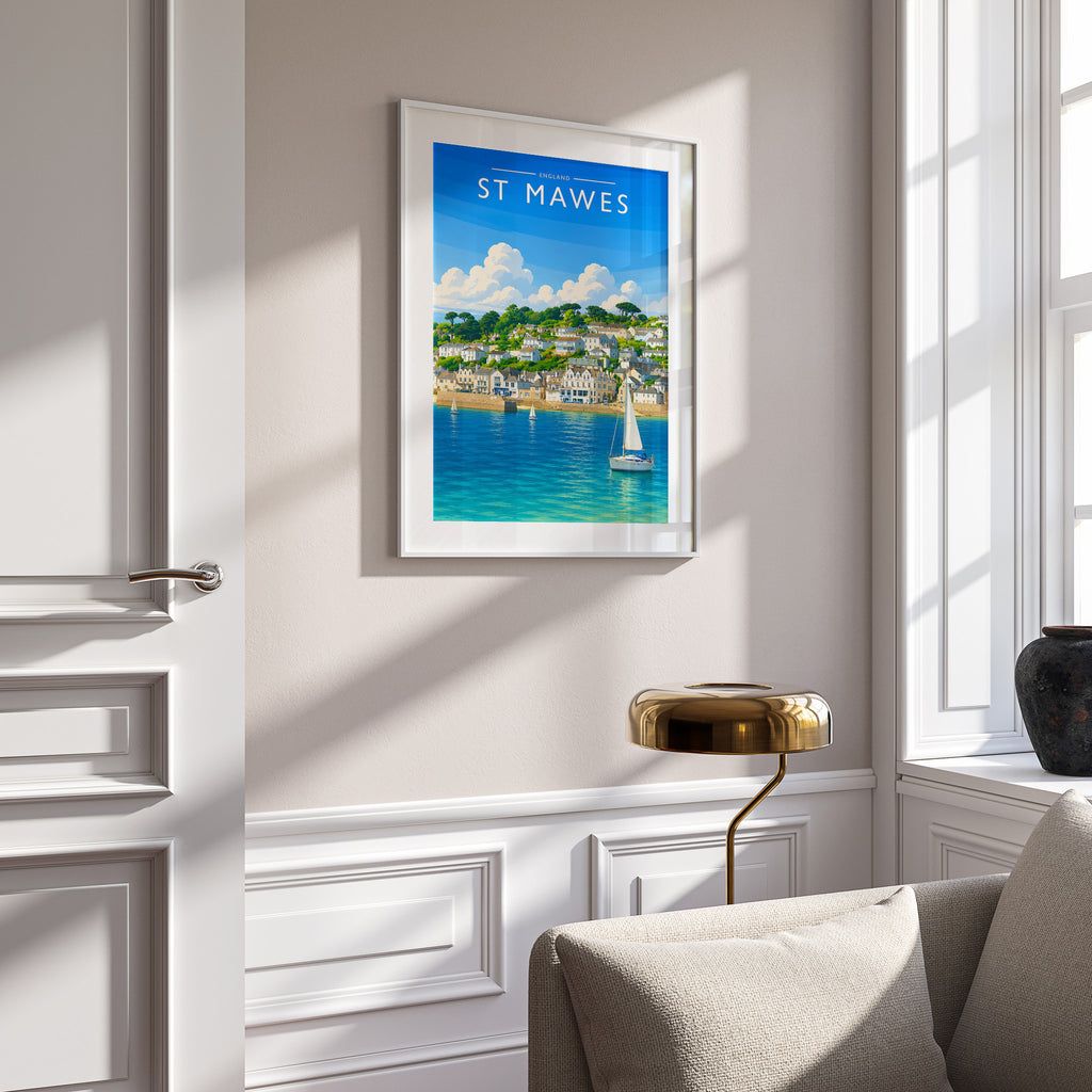 St Mawes Travel Poster in a white frame on a panelled wall