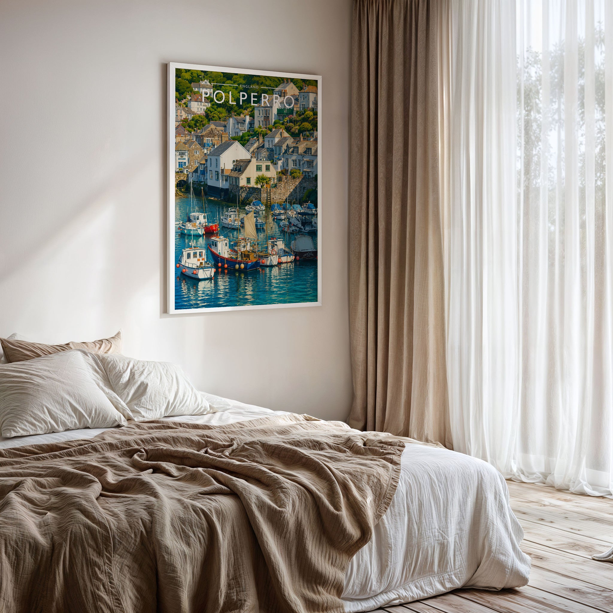 Polperro Travel Poster framed on a bedroom wall