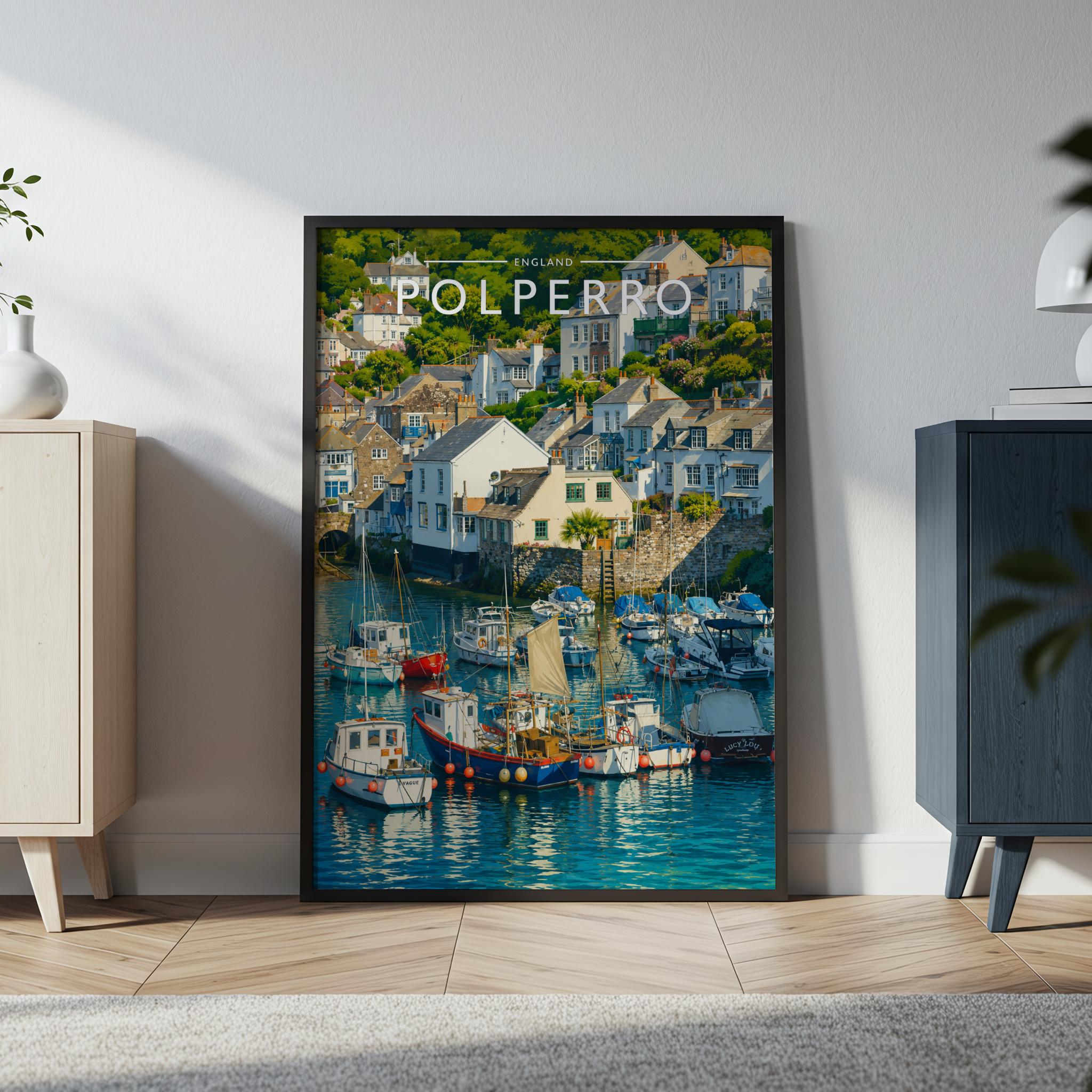 Polperro Travel Poster in a black frame