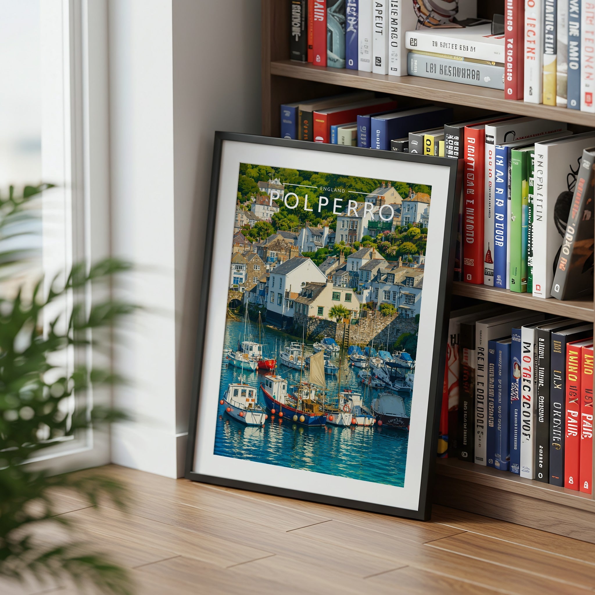 Polperro Travel Poster mounted in a black frame