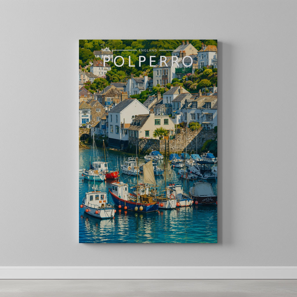 Polperro Travel Poster as a gallery-wrapped canvas on a plain wall