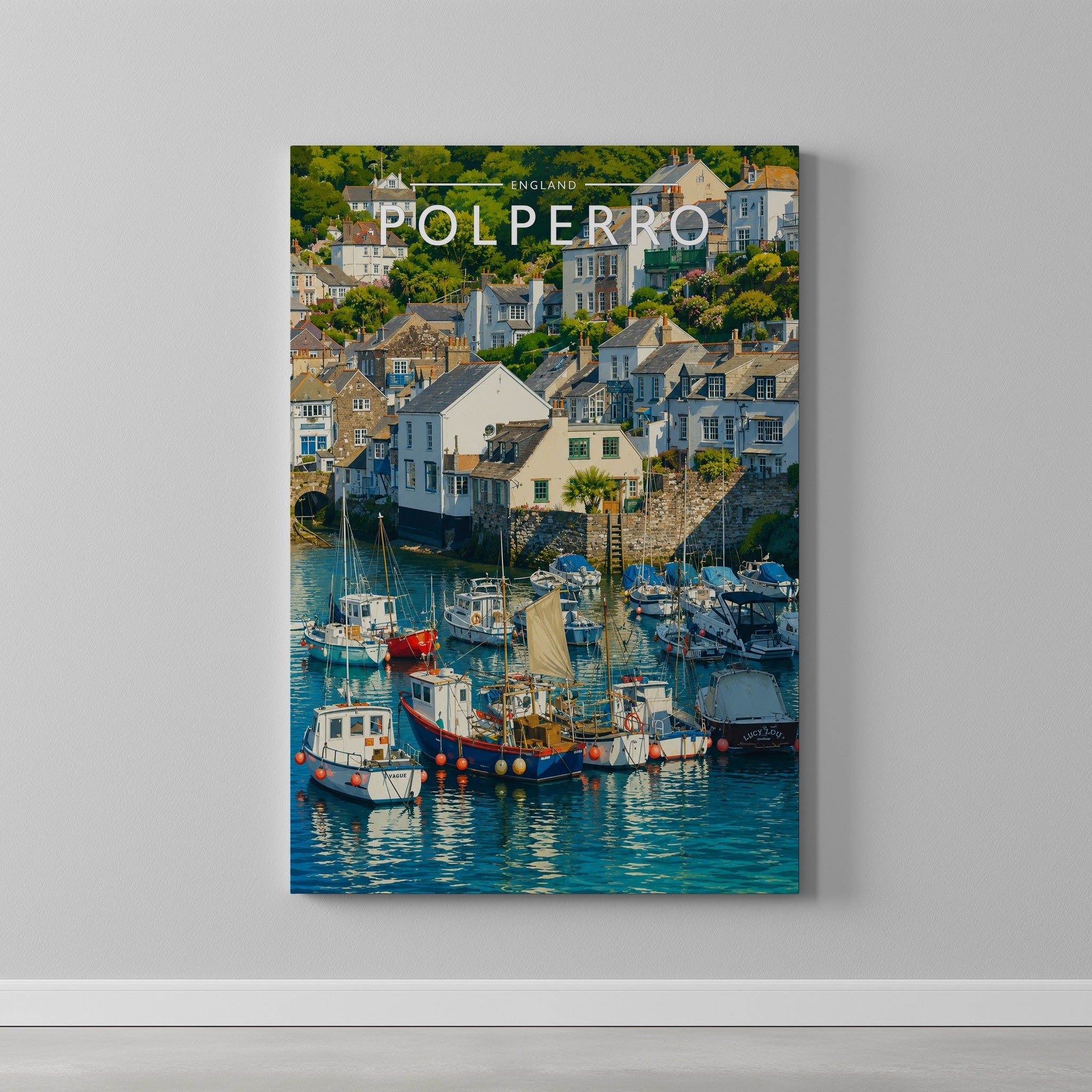 Polperro Travel Poster as a gallery-wrapped canvas on a plain wall