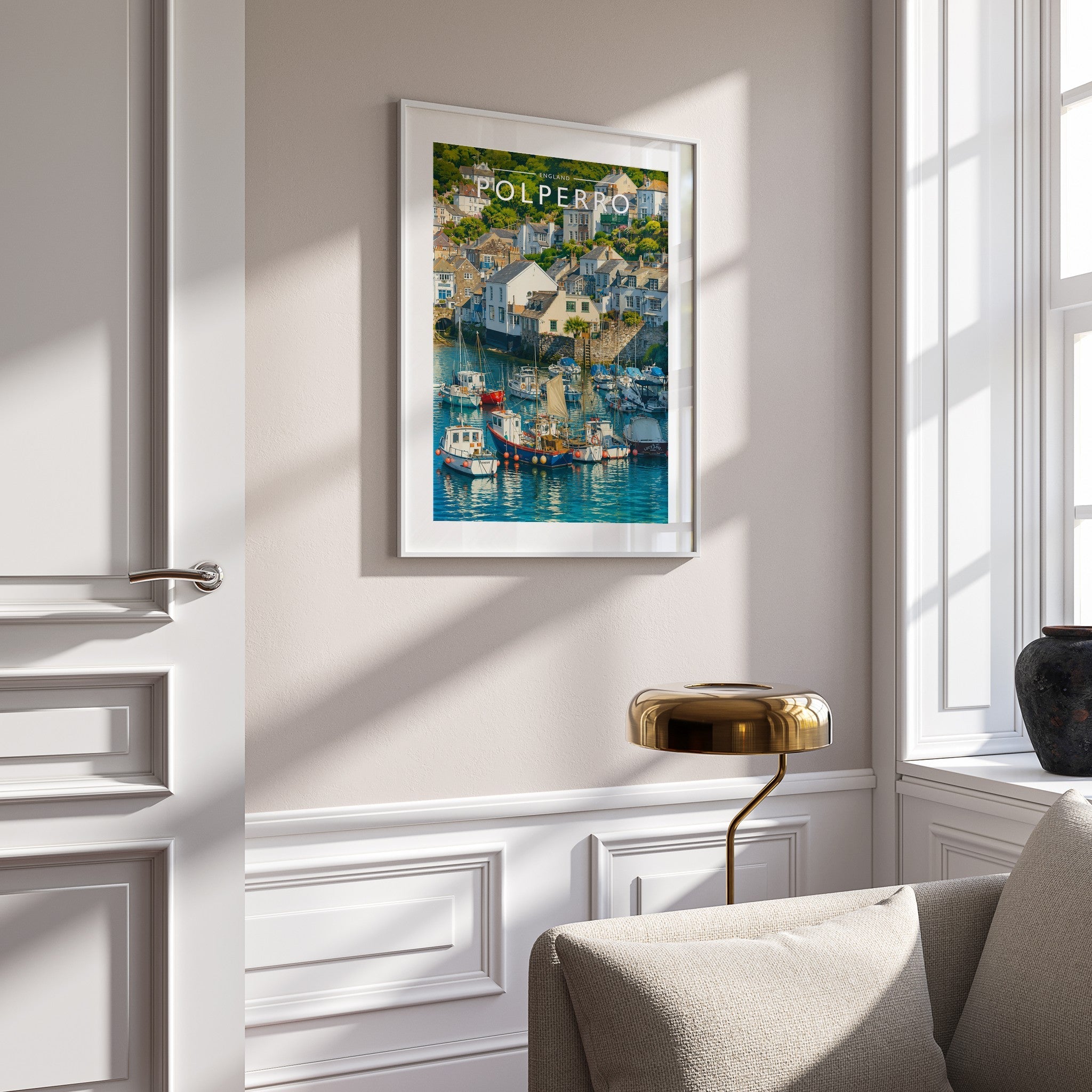 Polperro Travel Poster mounted in a white frame