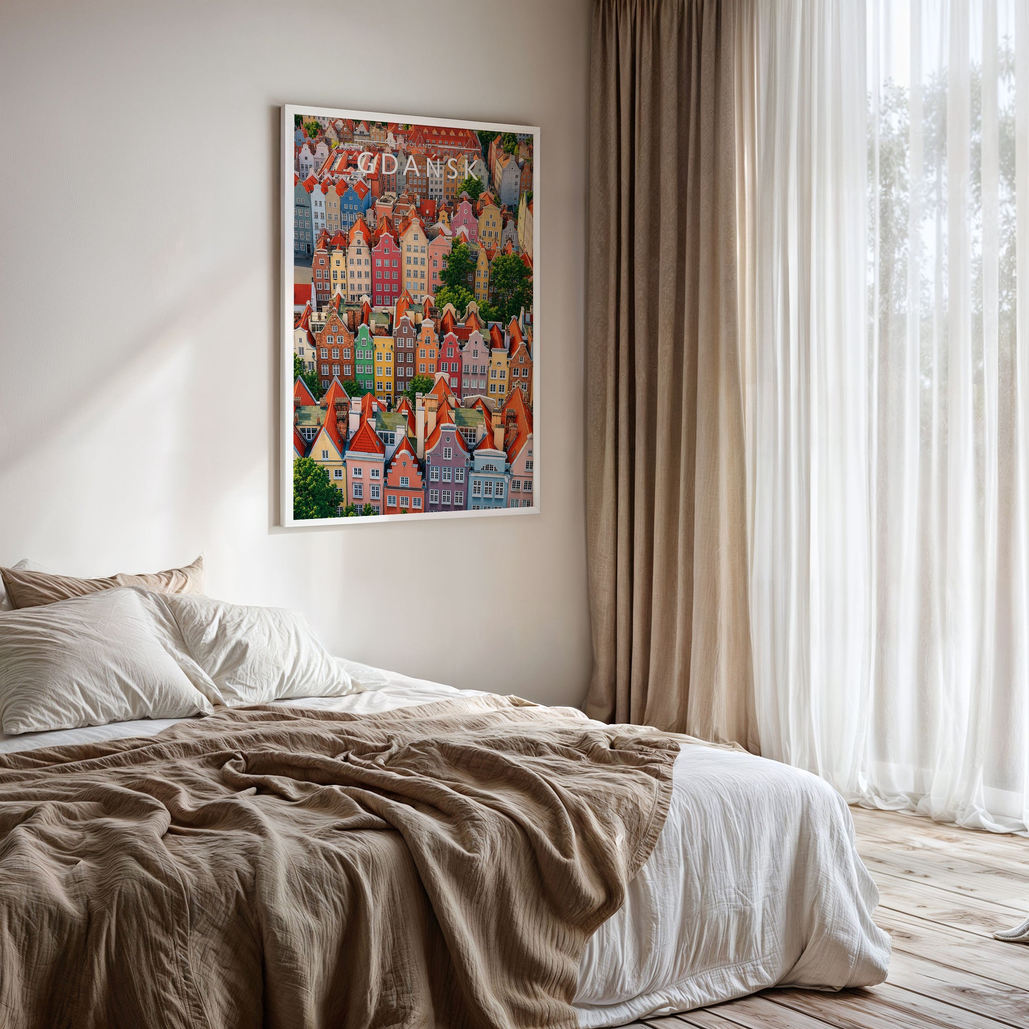 Gdańsk Travel Poster framed on a bedroom wall