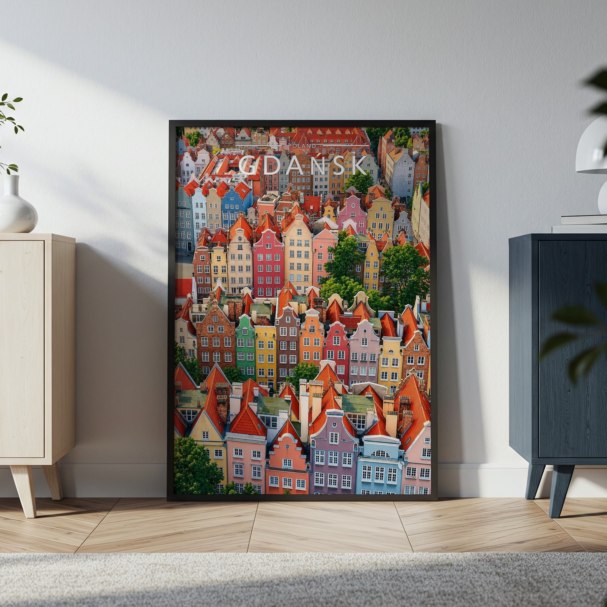 Gdańsk Travel Poster in a black frame