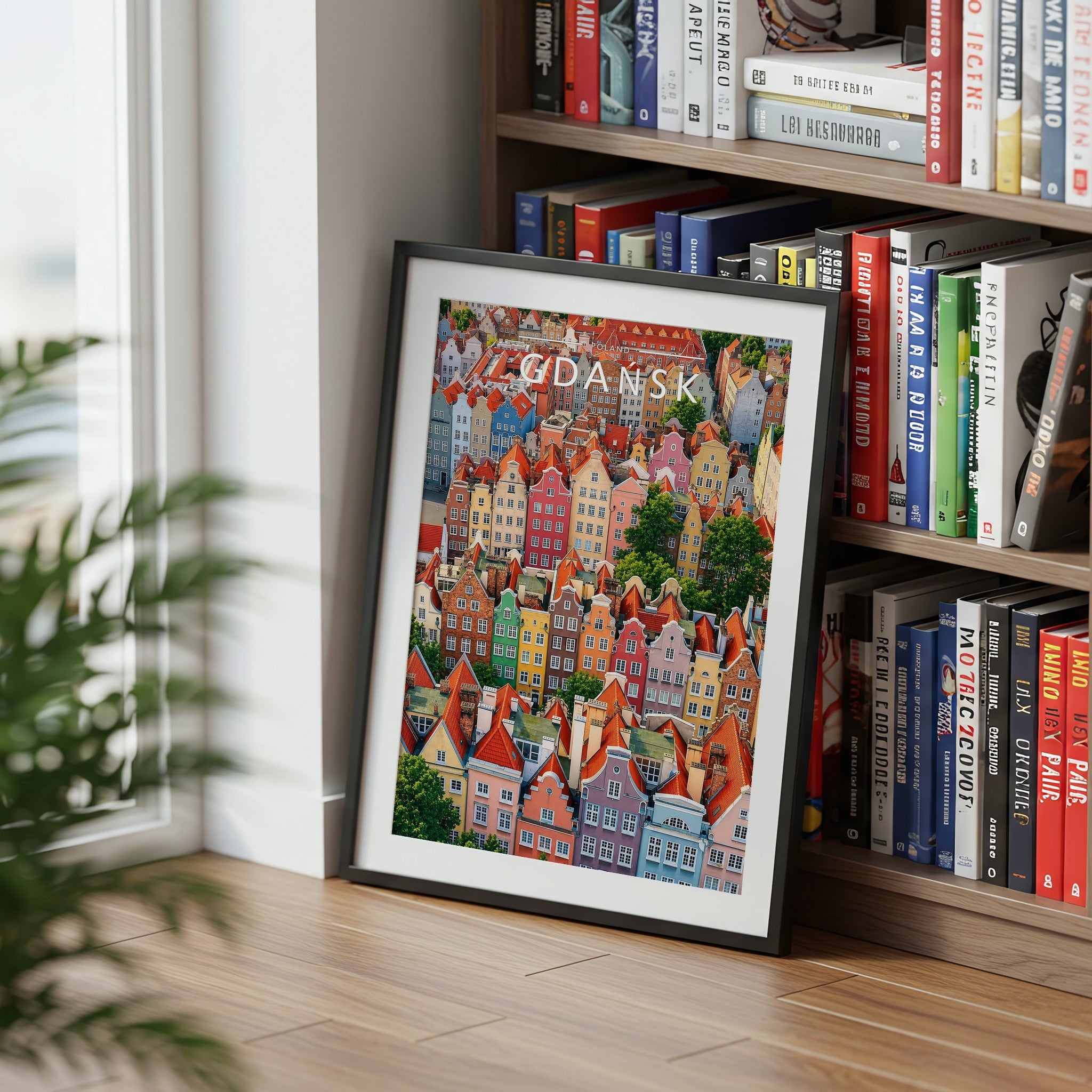 Gdańsk Travel Poster mounted in a black frame