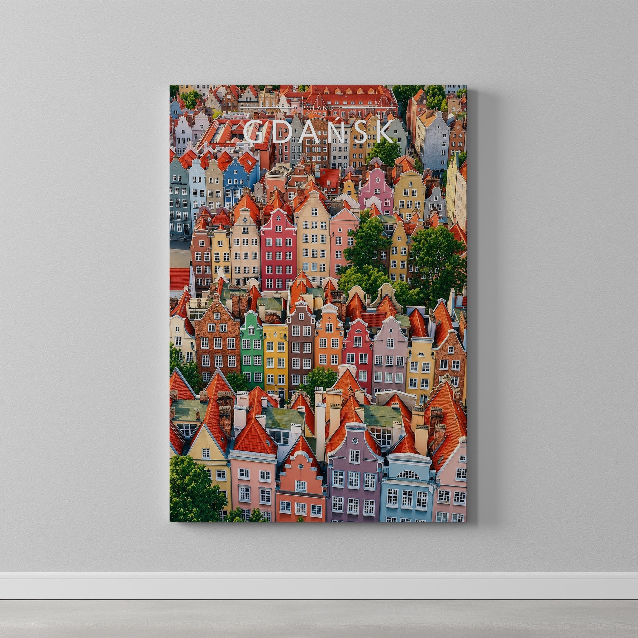 Gdańsk Travel Poster as a gallery-wrapped canvas on a plain wall