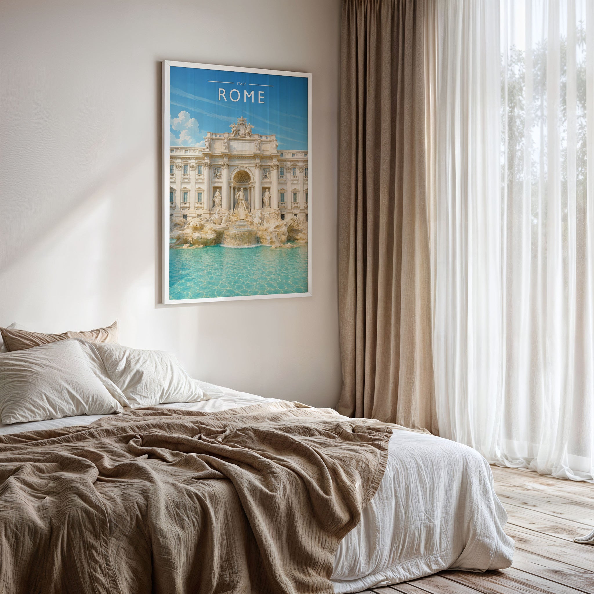 Rome #2 Travel Poster framed on a bedroom wall