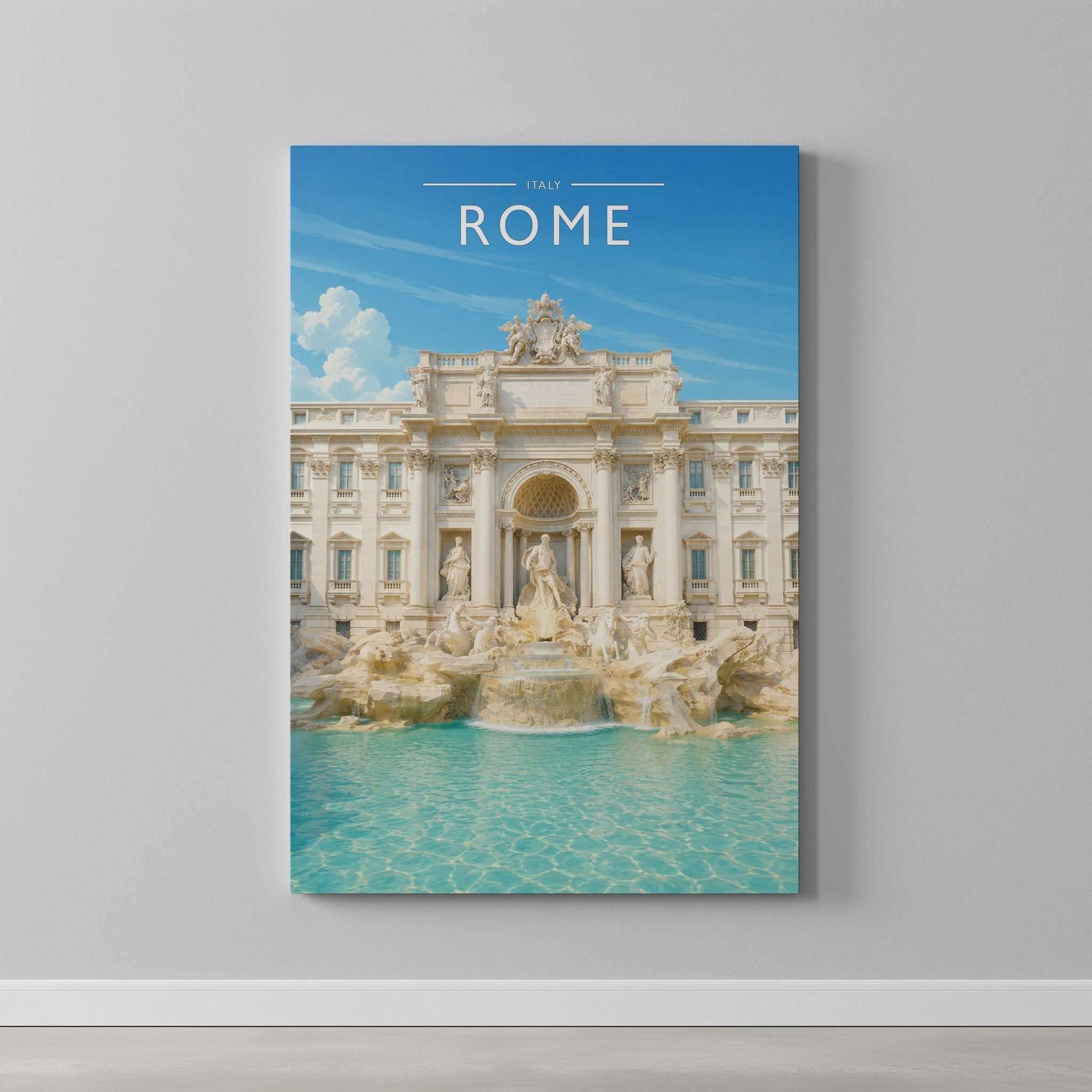 Rome #2 Travel Poster as a gallery-wrapped canvas on a plain wall