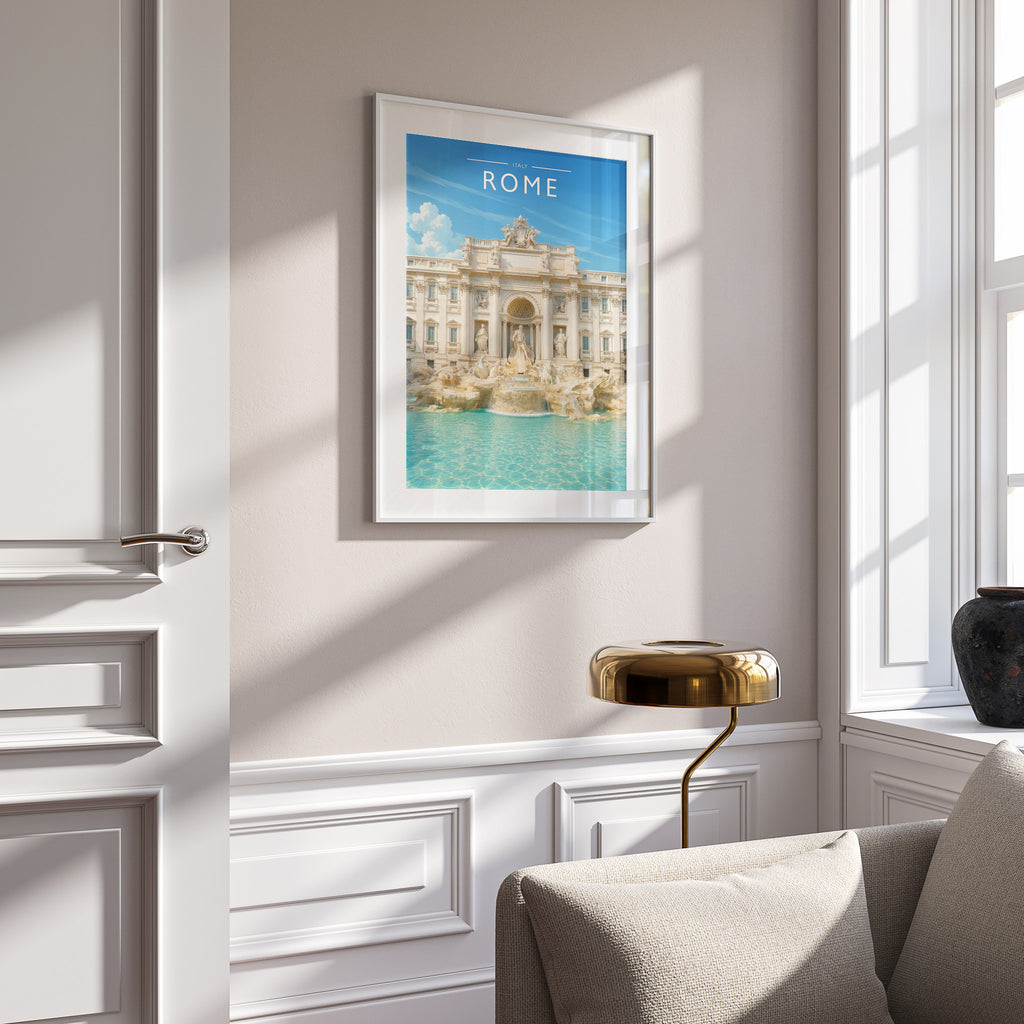 Rome #2 Travel Poster in a white frame on a panelled wall