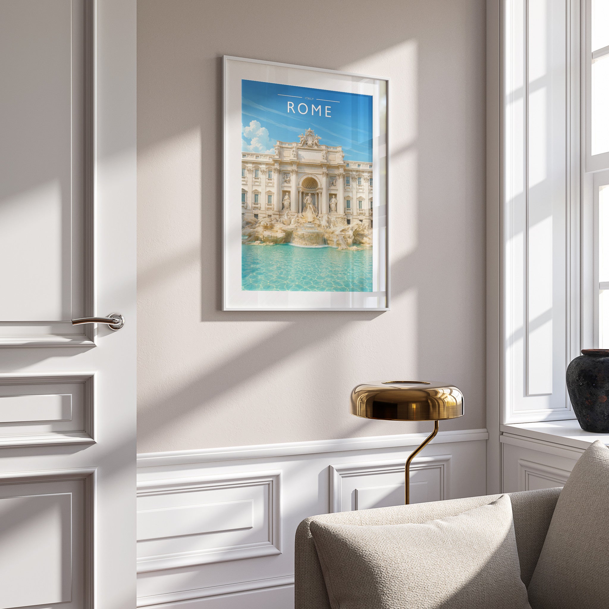 Rome #2 Travel Poster in a white frame on a panelled wall