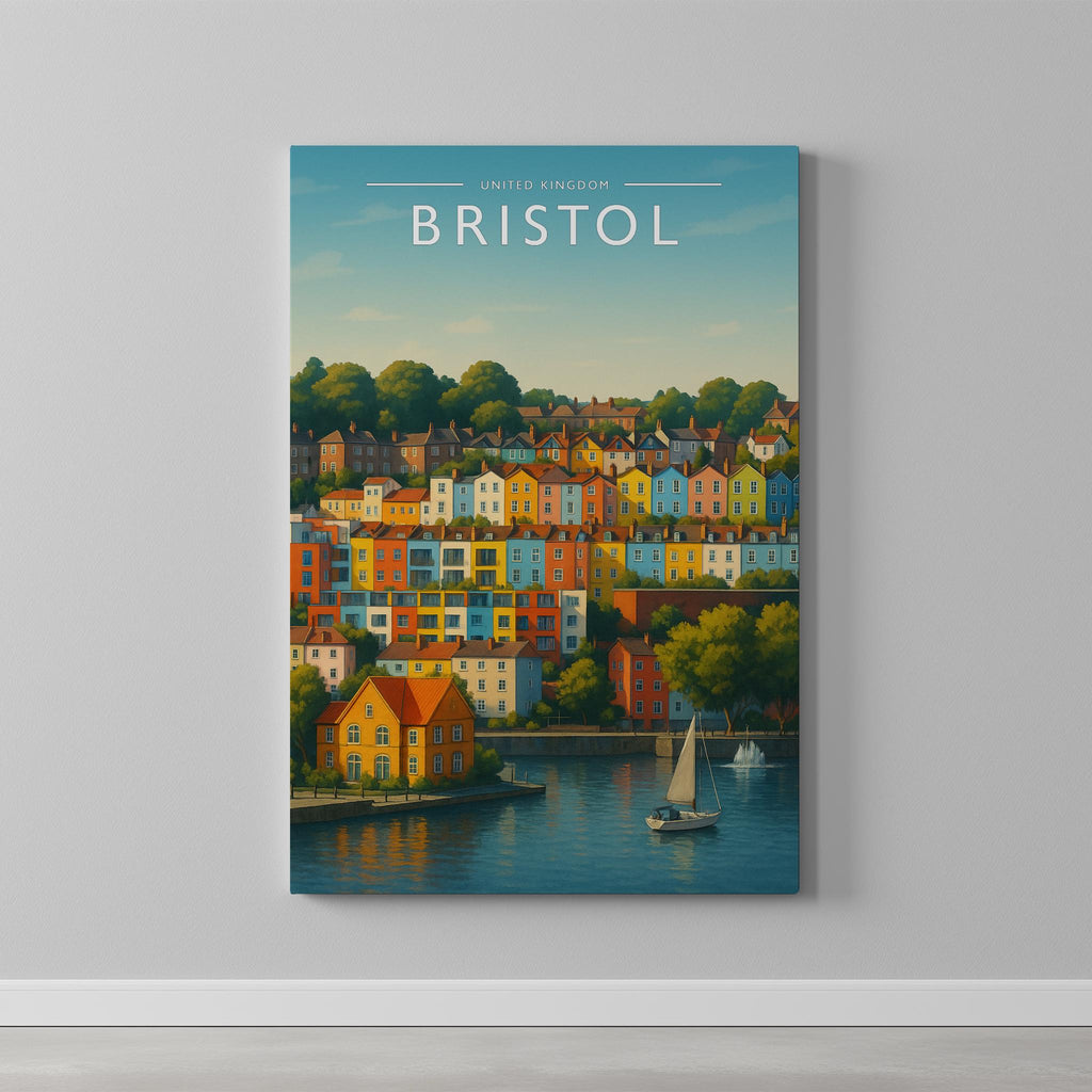 Bristol Travel Poster as a gallery-wrapped canvas on a plain wall