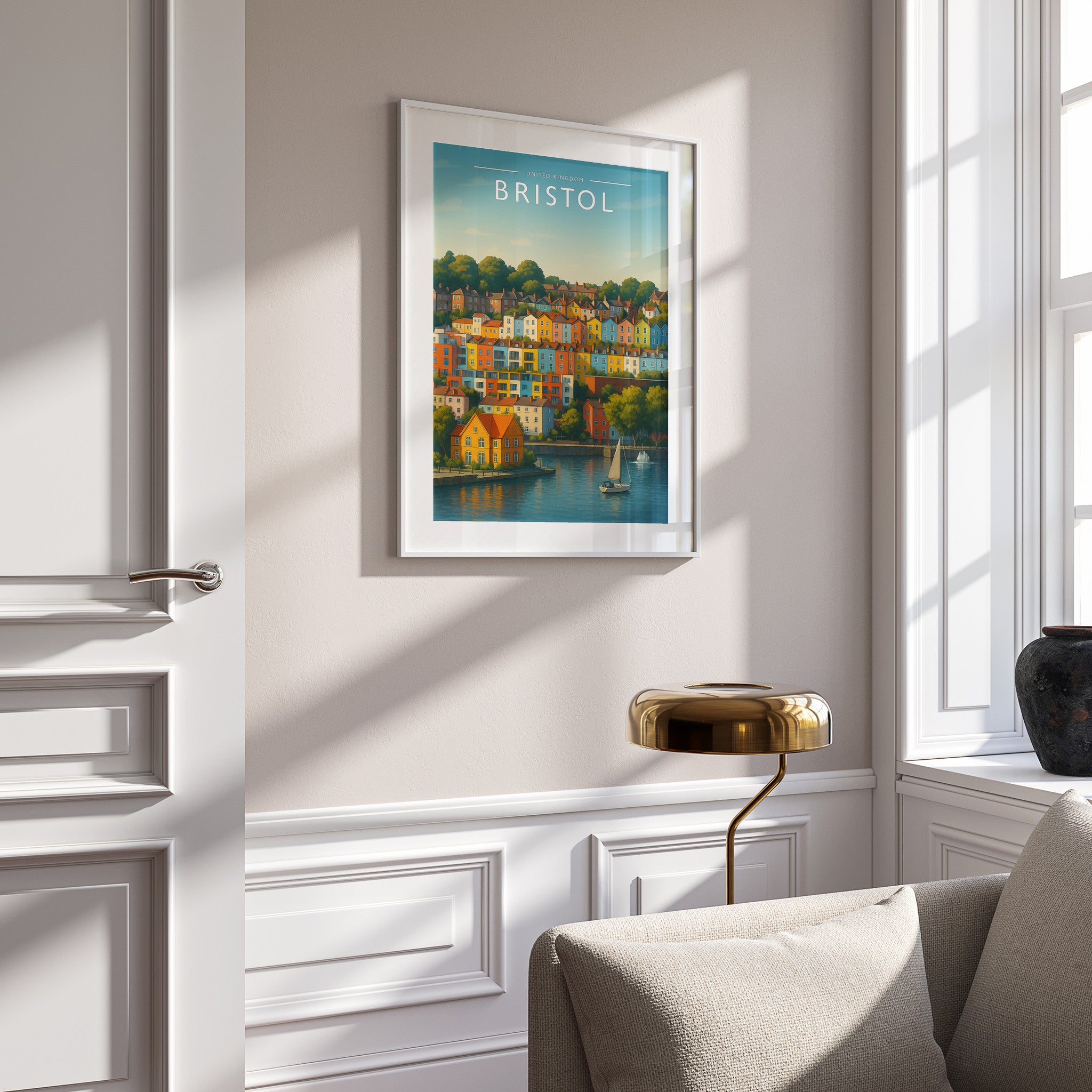 Bristol Travel Poster in a white frame on a panelled wall
