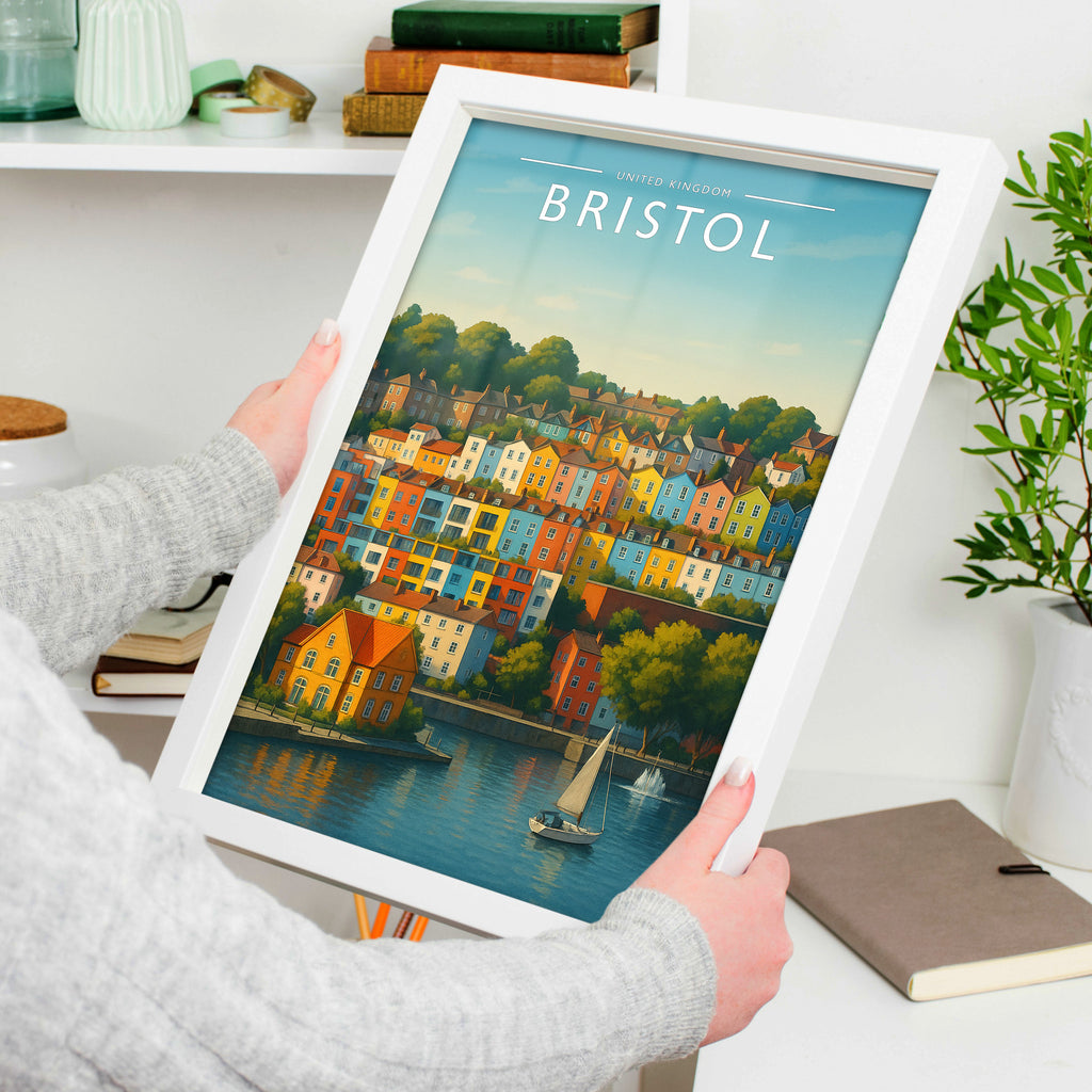 Bristol Travel Poster in a white frame, held to show scale