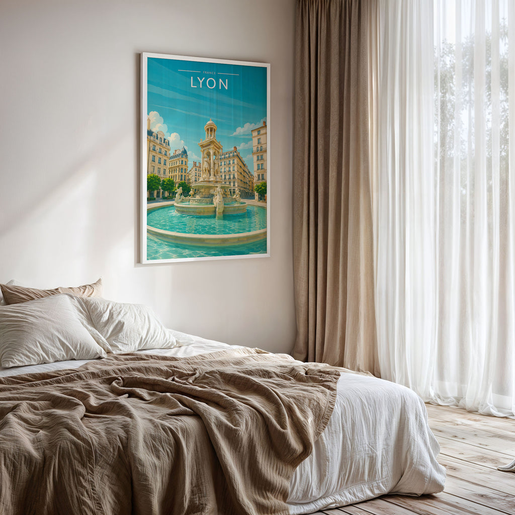 Lyon #2 Travel Poster framed on a bedroom wall