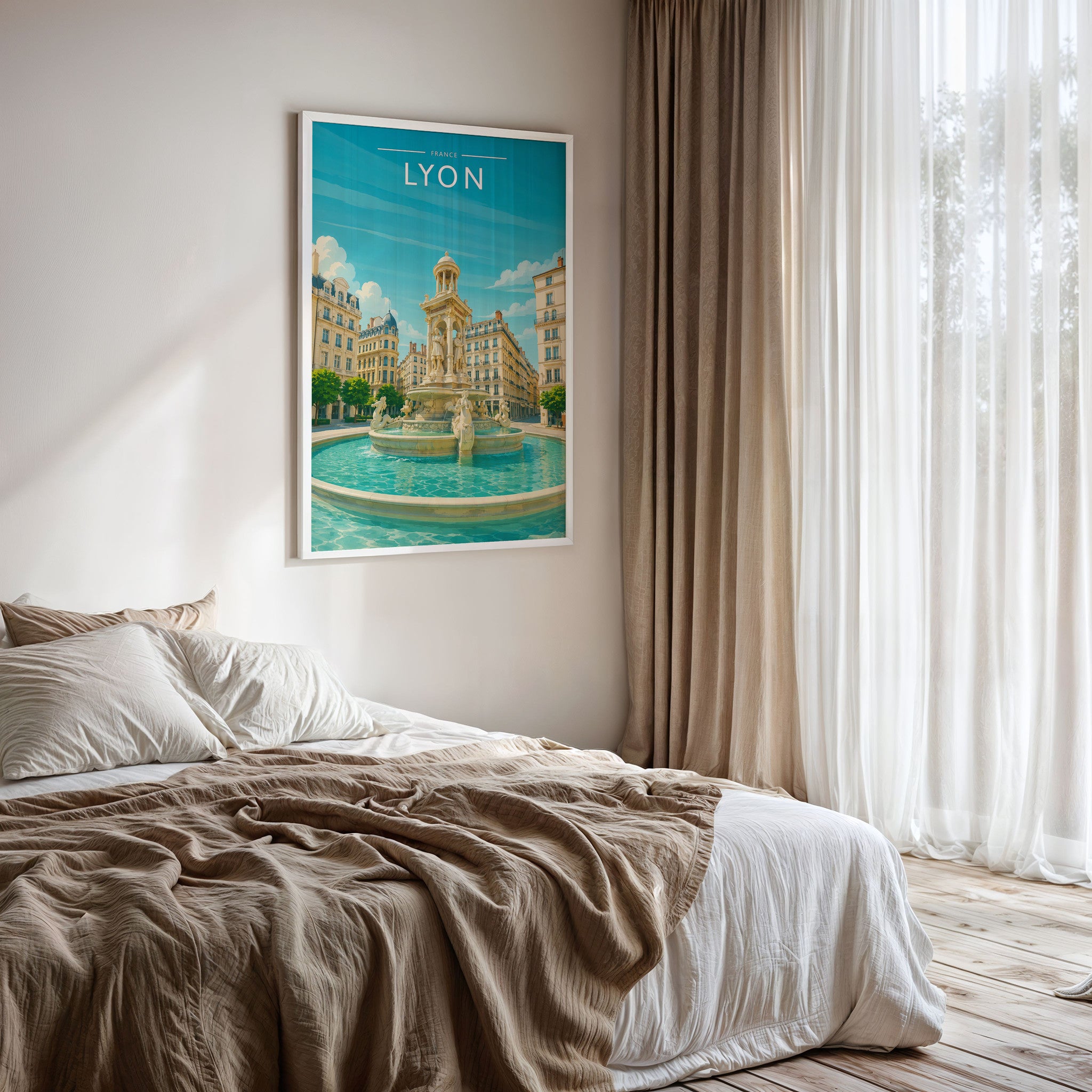 Lyon #2 Travel Poster framed on a bedroom wall