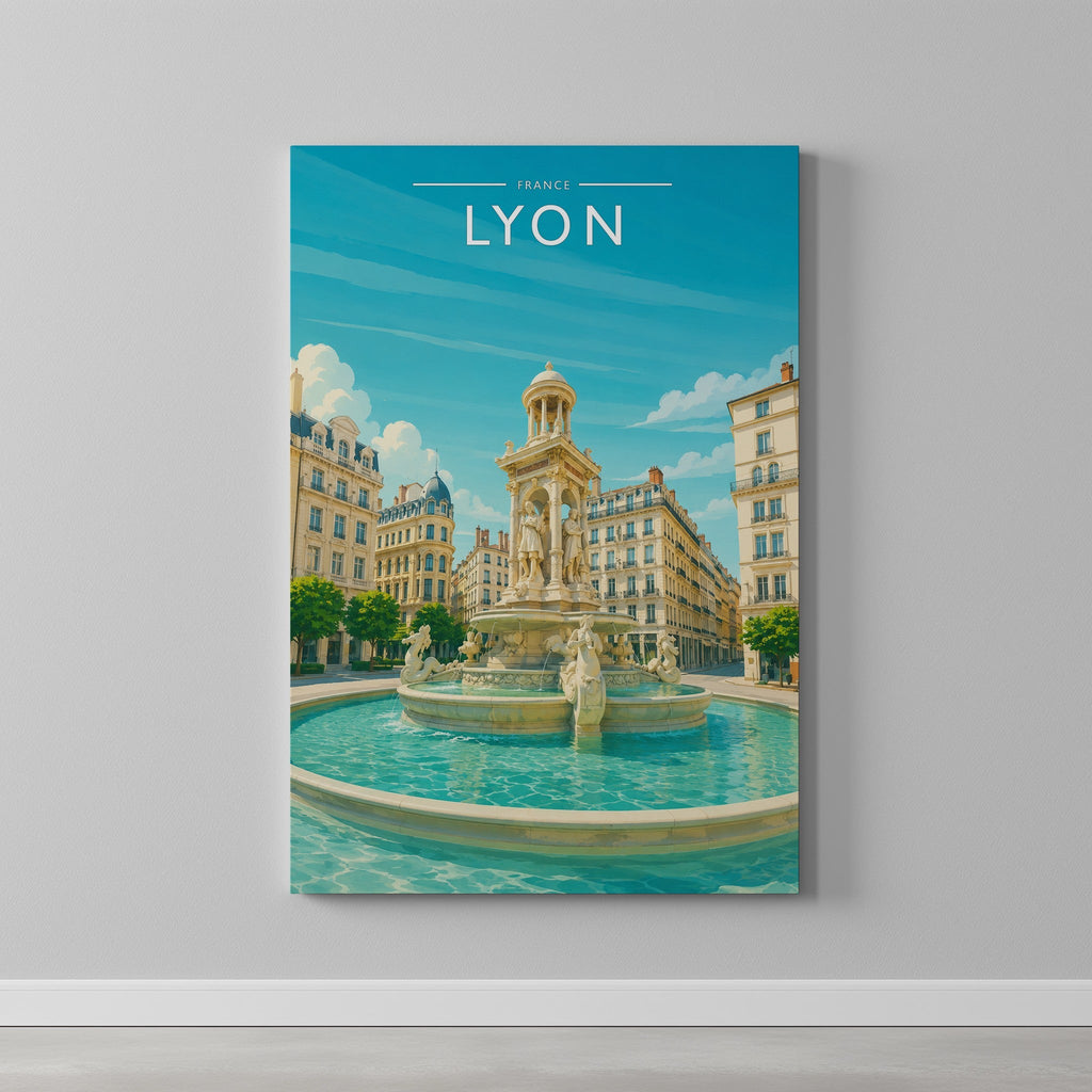 Lyon #2 Travel Poster as a gallery-wrapped canvas on a plain wall
